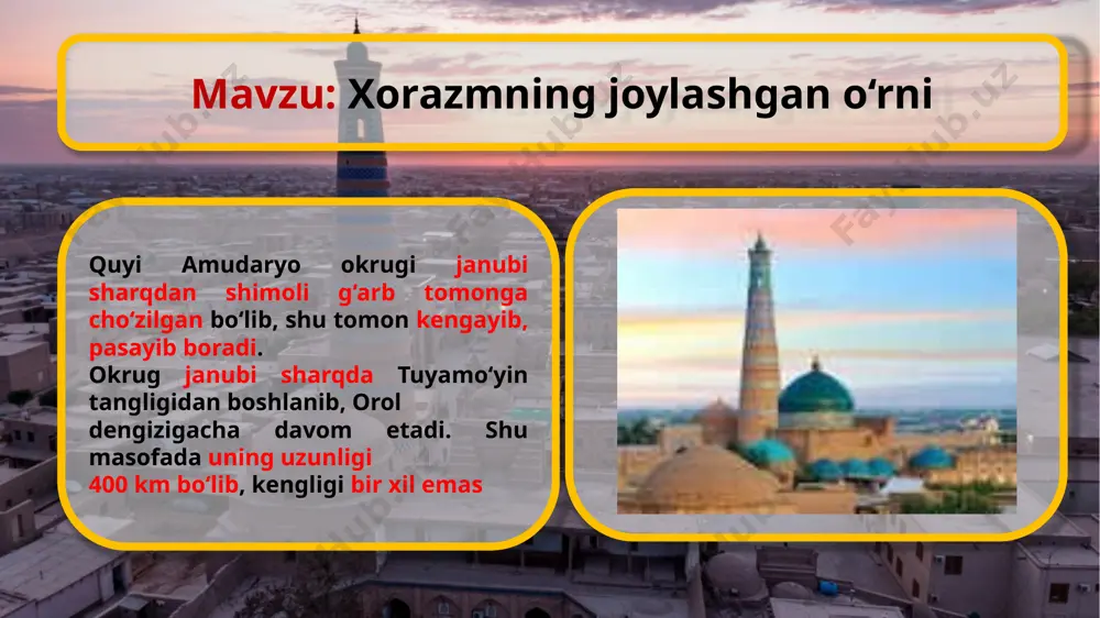 viloyat aholisi soni jihatidan mamlakat viloyatlari orasida oxirgi o‘rinlarda turadi. xorazmliklar yozda havoning qurib, isib ketishini hisobga olib, uylarni qalin paxsa devordan keng va baland (4–5 m) qilib quradi agar ushbu taqdimot kerak bolsa quyidagi qr-code ni skaynerlang image2.png image3.png image4.png image5.png image6.png image7.png image8.png image9.jpg image10.png image1.jpg /docprops/thumbnail.jpeg
