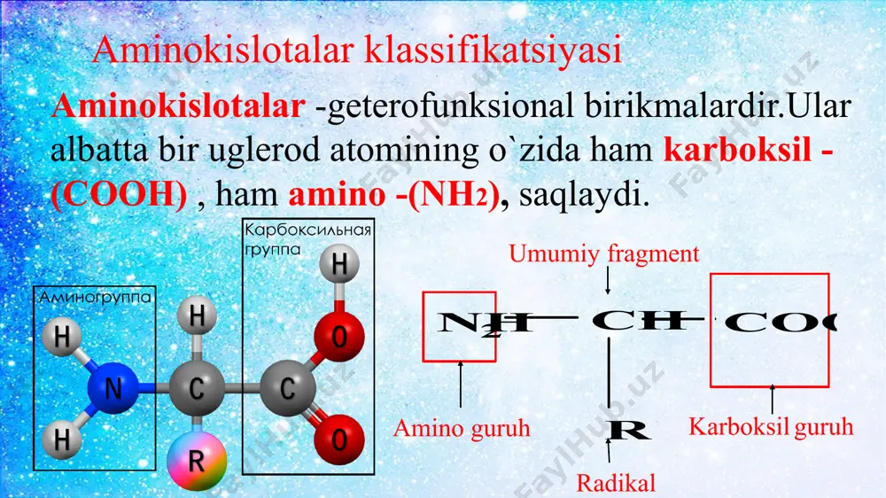 : bu halqali diamidlar diketopiperazin yoki dioksipiperazinlar deb yuritiladi β -aminokislota qizdirilganda oson nh3 molekulasini o`zidan chiqarib to'yinmagan kislotalar xosil qiladi. β -aminokislotalar qizdirilganda gaz holatdagi ammiak ajralib to'yinmagan karbon kislotalar hosil bo'ladi γ – aminokislotalar qizdirilganda suv molekulasini o'zidan chiqarib ichki amidlarni hosil qiladi. bu hosil bo'lgan ichki amidlarga laktamlar deb aytiladi γ -aminokislotalar qizdirilganda ichkimolekular degidratlanadi hamda gamma laktamlar hosil bo'ladi. α – aminokislotalar o'zaro birikib, peptid va oqsillarni hosil qilishida birinchi aminokislotaning karboksil guruhi, ikkinchi aminokislotaning amino guruhi bilan reaksiyaga kirishadi: aminokislotalarning tibbyotda ishlatillishi alanin -ushbu aminokislota bosh miya hamda nerv sistemasi uchun energiya manbayi hisoblanadi. uning xususiyatlaridan yana biri odam organizmining imun sistemasi faolligini oshiradi hamda antitana hosil qilish xususiyatiga ham egadir. alanin organik kislota va qand metabolizmida ishtrok etadi. arginin- ushbu aminokislota mushaklardagi moddalar almashinuviga, togʻay va teri to`qimalarini tiklashda hamda ta'minlashda muhim ahamiyatga ega. yurak ish faoliyatini mustahkamlaydi va kuchaytiradi. o'simta rivojlanishini to'xtatadi hamda …