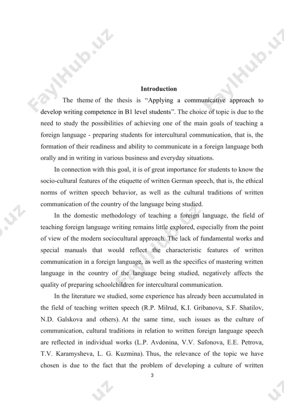 is necessary to develop the skills and ability to create written works that are adequate to the norms of intercultural communication, since the intellectual potential of schoolchildren in grades 10-11, their communication capabilities in using a foreign language in various areas of educational and extracurricular activities, expanding their foreign contacts with peers - all this creates favorable conditions for the transition from teaching written foreign language communication in the traditional way to teaching intercultural communication. it is at the senior stage that teaching writing is effective, since written work can be used by students for practically justified purposes. students should be aware that types of writing such as invitation writing, personal and business letters, the subject of this study is the methods of developing the skills and abilities of communication in writing. the object of the study is the process of teaching the culture of foreign language written communication at …