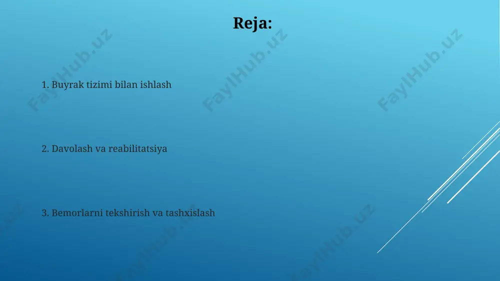 glomerulyar filtratsiya tezligi (gfr) ko'rsatkichi bilan aniqlanadi, unda normal ko'rsatkich daqiqada 90 ml dan yuqori bo'ladi, etishmovchilik esa gfrning 15 ml/min dan past bo'lishini bildiradi. davolash usullari siydik yo'llari infektsiyasini davolashda antibiotiklarning 7-10 kunlik kursi buyuriladi, ammo bakteriyalarni aniqlash va sezuvchanlik testlari natijalariga qarab davolash rejimi individual ravishda tuziladi. qovuqning benign giperplaziyasi (bph) da minimal invaziv jarrohlik usullari, masalan, transuretral rezeksiya (turp), 90% dan ortiq hollarda siydik oqimini yaxshilashga va siydik tutish muammolarini bartaraf etishga yordam beradi. buyrak kasalliklarining turlari buyrak toshlari, turli mineral birikmalaridan hosil bo'lib, o'lchami bir necha millimetrdan bir necha santimetrgacha yetishi mumkin va buyrak kolikasiga olib kelishi mumkin. glomerulonefrit, buyrak glomerulalarining yallig'lanishi bo'lib, yuqumli kasalliklar yoki autoimmun reaksiyalar natijasida 1-5% hollarda surunkali buyrak yetishmovchiligiga olib kelishi mumkin. prostata adenomasi prostata adenomasini davolash usullari dorilarni qabul qilish, jarrohlik amaliyoti (turp yoki lazerli ablatsiya) yoki minimal invaziv protseduralarni o'z ichiga oladi, tanlov bemorning yoshi va umumiy sog'lig'iga bog'liq. …