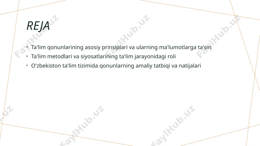 sa o'qitish muhitini va talabalarning natijalarini yaxshilaydi. 3 siyosat va natijalar - sifatli siyosatlar ta'lim sifati va rivojlanishni ta'minlaydi, shuningdek, ijtimoiy-iqtisodiy o'zgarishlar va yoshlar uchun yangi imkoniyatlar yaratadi. o'zbekiston ta'lim tizimida qonunlarning amaliy tatbiqi va uning o'qitish metodlariga ta'siri 01 qonunlarning amaliy qo‘llanilishi o‘zbekiston ta’lim tizimida qonunlar aniq va tizimli tarzda tatbiq etiladi, bu esa o‘qitish metodlarini muvofiqlashtirish va sifatni oshirishga imkon yaratadi. 02 o‘qitish metodlariga ta’siri qonunlar zamonaviy pedagogik yondashuvlarni qo‘llashni rag‘batlantiradi, masalan, interaktiv o‘qitish va texnologiyalardan foydalanishni kengaytiradi. 03 rivojlanish uchun imkoniyatlar qonunlar va siyosatlar ta’lim sifatini oshirish uchun muhim asos bo‘lib, o‘quv jarayonini mustahkamlash va xalqaro standartlarga moslashtirish imkonini beradi. qonunlar va siyosatlarning natijalari: ta'lim sifatini va rivojlanishini qanday ta'minlaydi 01 ta'lim sifatining oshishi qonunlar va siyosatlar sifatli ta'limni ta'minlash uchun yasalgan. ular o'qitish standartlarini belgilab, o'quv jarayonining samaradorligini oshiradi. 02 rivojlanish uchun yondashuvlar siyosatlar innovatsiyalar va zamonaviy metodlarni joriy etishga yordam beradi. bu esa, yoshlar uchun …