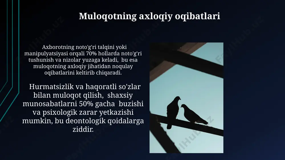 kni nazarda tutib, konstruktiv muloqotga 70% hissa qoʻshadi. adolat va tenglik adolat va tenglik printsiplari 5 ta asosiy inson huquqlarini (hayot huquqi, erkinlik, mulk, adolat va xavfsizlik) himoya qilish va teng imkoniyatlarni ta'minlashga qaratilgan. adolatli jamiyatni yaratish uchun kamida 3 ta muhim omil kerak: qonun ustuvorligi, shaffoflik va mustaqil sud tizimi. ishonch va sadoqat ishonch va sadoqat insoniy munosabatlarda 2 ta asosiy axloqiy tamoyillar bo'lib, ularning buzilishi 50% gacha kommunikativ muammolarga olib kelishi mumkin. sadoqatlilik, kommunikativ strategiyalarining 70% samaradorligini ta'minlaydi va uzoq muddatli munosabatlarni rivojlantirishda hal qiluvchi omil hisoblanadi. shaxsiy chegaralar ochiq va halol muloqot orqali shaxsiy chegaralarni aniqlash va ularni himoya qilishga o'rgatish, ijtimoiy ko'nikmalarni rivojlantirishda 25% ga yordam beradi va konfliktlar sonini kamaytiradi. shaxsiy chegaralarni hurmat qilish 5 ta asosiy prinsipga, jumladan, rozilik, o'zaro hurmat va individual ehtiyojlarni hisobga olishga asoslanadi. bu kommunikatsiyaning samaradorligini oshiradi. hurmat va ehtirom hurmat va ehtiromning etishmasligi 3 ta salbiy oqibatga olib keladi: …