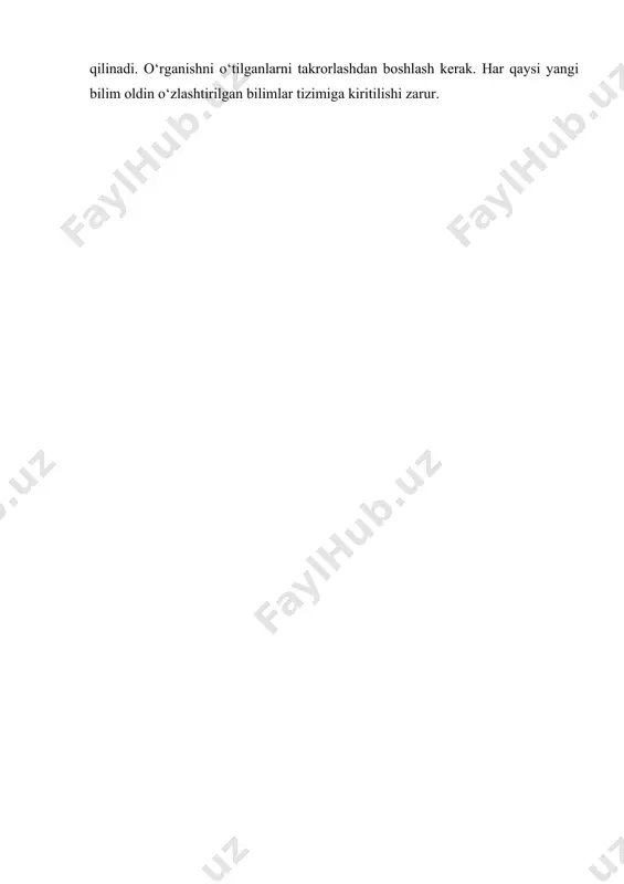 i tanishtiradi, shuningdek butunning qismga munosabatini ko‘rsatadi; keyinroq bolalarga geometrik shakllarni ikki va to‘rt qismga bo‘lishning har xil usullarini ko‘rsatadi, bolalar butun bilan qism orasidagi munosabatlarni o‘rnatishadi. yangi materialni o‘rganish jarayonida o‘tgan materialni takrorlash bolalarning bilimlarini chuqurlashtiribgina qolmay, balki ular e’tiborini yangi materialga qaratish, uning puxta o‘zlashtirilishiga imkon beradi. odatda yangi mavzuni uch—besh mashg‘ulot davomida, oldin uniig birinchi qismida, keyinroq ikkinchi qismida o‘rganiladi. mavzuni ikki hafta, ba’zan uch hafta o‘tganidan keyin takrorlash kerak. eski materialga qaytish davri borgan sari dasturning har bir o‘rganilgan bo‘limi o‘quv yili oxiriga qadar tarbiyachining fikr doirasida bo‘lib turishi kerak. shu munosabat bilan bir mashg‘ulotning o‘zida dasturning bir bo‘limiga yoki har xil bo‘limning, ya’ni «miqdor», «sanoq», «kattalik», «shakl» va boshqa bo‘limlariga oid masalalar o‘rganilishi va takrorlanishi mumkin. o‘rgatishning hamma bo‘limlari bo‘yicha dasturni bolalar izchil o‘rganishini va ularda elementar matematik bilimlar sistemasini shakllantirishni shunday qilib ta’minlash mumkin bo‘ladi. мatematika o‘qitishda mashg‘ulotning har xil turidan foydalaniladi. mashg‘ulot turi …