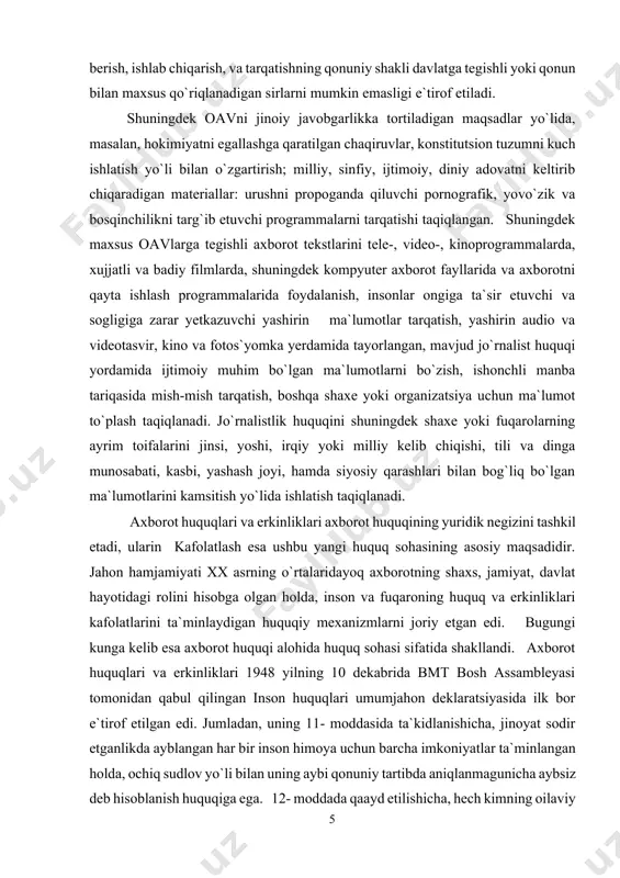 qlari va erkinliklari axborot huquqining yuridik negizini tashkil etadi, ularin kafolatlash esa ushbu yangi huquq sohasining asosiy maqsadidir. jahon hamjamiyati xx asrning o`rtalaridayoq axborotning shaxs, jamiyat, davlat hayotidagi rolini hisobga olgan holda, inson va fuqaroning huquq va erkinliklari kafolatlarini ta`minlaydigan huquqiy mexanizmlarni joriy etgan edi. bugungi kunga kelib esa axborot huquqi alohida huquq sohasi sifatida shakllandi. axborot huquqlari va erkinliklari 1948 yilning 10 dekabrida bmt bosh assambleyasi tomonidan qabul qilingan inson huquqlari umumjahon deklaratsiyasida ilk bor e`tirof etilgan edi. jumladan, uning 11- moddasida ta`kidlanishicha, jinoyat sodir etganlikda ayblangan har bir inson himoya uchun barcha imkoniyatlar ta`minlangan holda, ochiq sudlov yo`li bilan uning aybi qonuniy tartibda aniqlanmagunicha aybsiz deb hisoblanish huquqiga ega. 12- moddada qaayd etilishicha, hech kimning oilaviy va shaxsiy hayotiga o`zboshimchalik bilan aralashish, turar joy daxlsizligiga, uning yozishmalaridagi sirlariga yoki uning or-nomusi hamda sha`niga nisbatan asossiz ravishda tajovo`z qilinishi mumkin emas. har qanday inson bunday aralashuv va tajovo`zdan qonun …