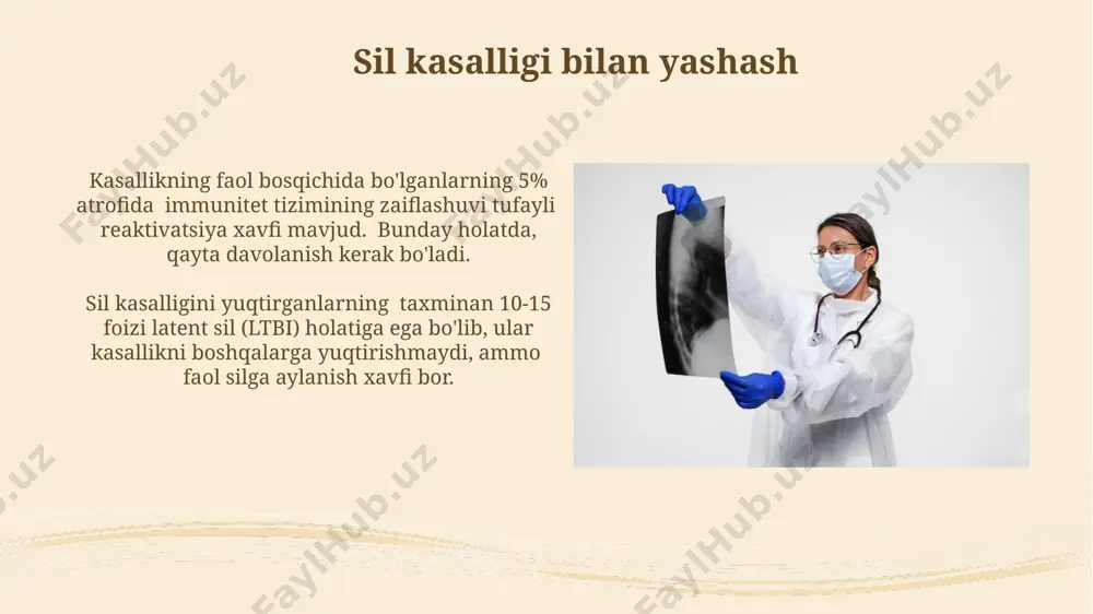 amni kamaytirishga qaratilgan. jsst tbga chalinganlarga diagnostika vositalarini yetkazib berishda va davolash rejalarini ishlab chiqishda muhim rol o'ynaydi, bu esa o'lim holatlarini kamaytirishga yordam beradi. kasallikning belgilari kasallikning rivojlanishi bilan tana haroratining 37,5°c dan yuqori ko'tarilishi, kechki vaqtlar terlash, zaiflik va charchoq kabi alomatlar kuzatiladi, bu esa organizmning infektsiyaga qarshi kurashishini bildiradi. o'pka tuberkulezi bilan og'rigan bemorlarda ko'krak qafasi og'rig'i, nafas olish qiyinlishuvi va doimiy yo'tal, ba'zan 3 haftadan ortiq davom etadigan nafas qisishi kuzatilishi mumkin. tashxis qo'yish usullari mikroskopik tekshiruv va kultura usullari bilan mycobacterium tuberculosis bakteriyalarini aniqlash, kasallikning tasdiqlanishi uchun juda muhim bo'lib, yuqori aniqlikka ega. ko'krak qafasi rentgenografiyasi o'pka to'qimalarida 1 sm dan katta o'choqlarni, kavitatsiyani va boshqa o'zgarishlarni aniqlash imkonini beradi. e'tiboringiz uchun rahmat @taqdimot_robot image2.jpg image3.jpg image4.jpg image5.jpg image6.jpg image7.jpg image8.jpg image9.jpg image10.jpg image11.jpg image12.jpg image13.jpg