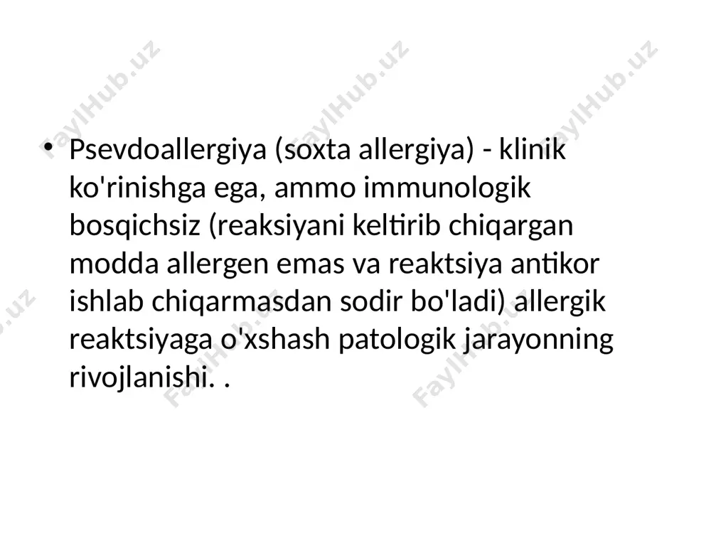 evdoallergiyani haqiqatdan ajratib turadigan klinik belgilar: bir yoshdan oshgan bolalarda va kattalarda rivojlanish; birinchi aloqada mahsulotga reaktsiya paydo bo'lishi va u bilan qayta-qayta aloqa qilganda doimiy alevlenmelerin yo'qligi; psevdo-allergiyaning iste'mol qilinadigan mahsulot miqdoriga aniq bog'liqligi mavjudligi; o'zaro reaktsiyaning yo'qligi, patologik jarayon va uning klinik ko'rinishi bir organ (tizim) bilan chegaralanadi. psevdoallergiya tashxisini tasdiqlash uchun gistaminni (diamin oksidaza) inaktivatsiya qiluvchi ferment darajasi, shuningdek, patologiyasi gistamin liberatorlarining membrana hujayralariga oson kirib borishiga olib keladigan oshqozon-ichak traktining funktsional holati aniqlanadi. davolashning asosi ovqat hazm qilish traktining funktsional holatini o'z vaqtida tuzatish, gistaminni rag'batlantiradigan ovqatlardan tashqari dieta va diamin oksidaza fermenti bilan almashtirish terapiyasi, agar uning darajasining pasayishi tasdiqlansa. atopiya - bu odamga boshqa zararsiz atrof-muhit moddalari ta'sirida bo'rttirilgan ige reaktsiyasini keltirib chiqaradigan allergik reaktsiyaning rivojlanishiga genetik moyillik. atopiya atopik dermatit, allergik astma, allergik rinit va oziq-ovqat allergiyalari kabi allergik kasalliklarning rivojlanishiga genetik moyillikni bildiradi. bir atopik holati bo'lgan odamlar boshqasini rivojlanish xavfi yuqori. …
