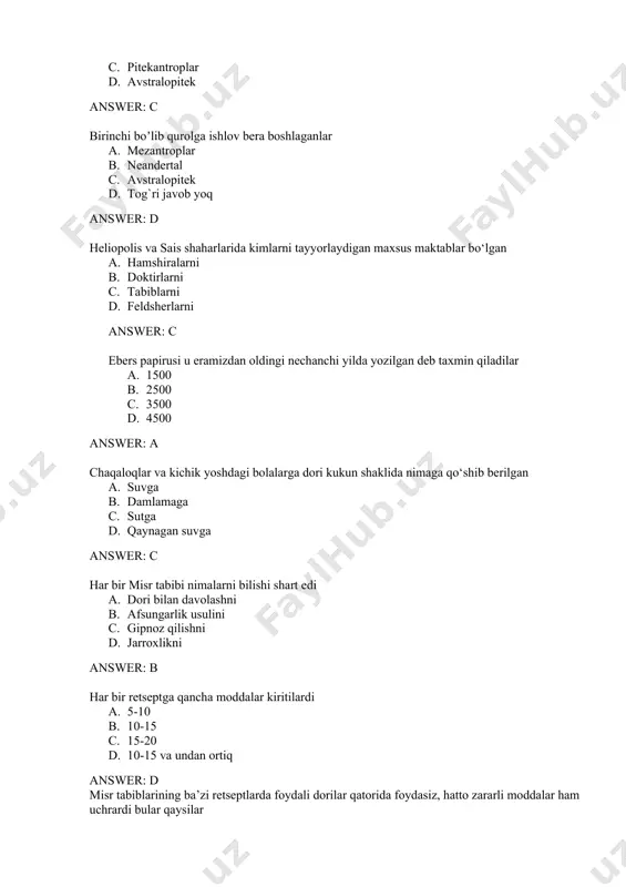r b. davolanishi qiyin bo'lgan jarohatlar c. davolab bo‘lmaydigan jarohatlar d. a.b.c answer: d qadimgi misrda tabiblar birinchilardan bo‘lib ixtisoslasha boshlaganlar qaysi mutaxassislik bo`yicha a. ichki a’zolar kasalliklari bo‘yicha mutaxassis b. bollar kasalliklari bo‘yicha mutaxassis c. gerontologiya kasalliklari bo‘yicha mutaxassis d. urologiya kasalliklari bo‘yicha mutaxassis answer: a qadimgi misrda tabiblar birinchilardan bo‘lib ixtisoslasha boshlaganlar qaysi mutaxassislik bo`yicha a. ichki a’zolar kasalliklari bo‘yicha mutaxassis b. ko‘z kasalliklari bo'yicha mutaxassis c. tish kasalliklari bo‘yicha mutaxassis d. hamma javoblar tog`ri answer: d qadimgi misrda tabiblar birinchilardan bo‘lib ixtisoslasha boshlaganlar qaysi mutaxassislik bo`yicha a. ruhiy kasalliklar bo‘yicha mutaxassis b. nevrologiya kasalliklar bo‘yicha mutaxassis c. kardiologiya kasalliklar bo‘yicha mutaxassis d. psixologiya kasalliklar bo‘yicha mutaxassis answer: a qadimgi misrda tabiblar birinchilardan bo‘lib ixtisoslasha boshlaganlar qaysi mutaxassislik bo`yicha a. nevrologiya kasalliklar bo‘yicha mutaxassis b. kardiologiya kasalliklar bo‘yicha mutaxassis c. jarrohlar bo`lgan d. psixologiya kasalliklar bo‘yicha mutaxassis answer: c erazistrat qachon vafot etdi a. 180 b. 280 c. …
