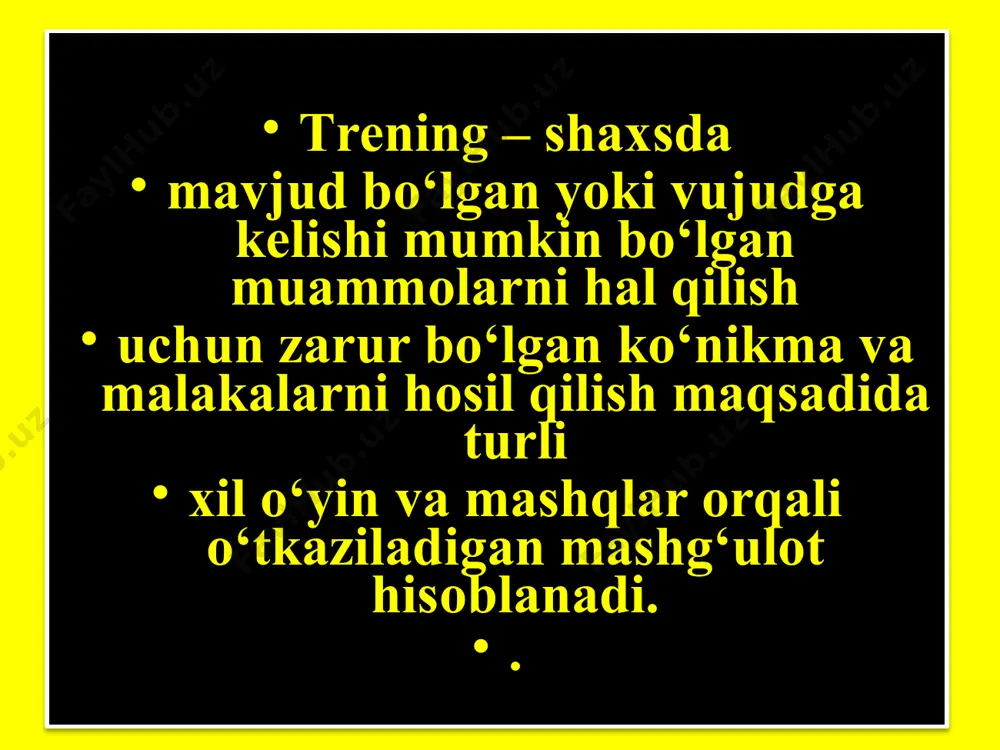 tib qo‘yish yoki uning ustidan kulishga hech kimning haqqi yo‘q; -ishtirokchilarning bir-birini masxaralashlari yoki g‘ururiga tegadigan gaplarni aytishlari mumkin emas; -ishtirokchilar ham, boshlovchi ham, agar savol uning shaxsiy hayotiga tegishli bo‘lsa, javob bermaslik huquqiga ega; tanishuv bosqichini tashkil qilish treningdagi asosiy bosqichlardan biri – guruh a’zolarining birbiri bilan hamda trenerlar bilan tanishuv bosqichidir. bu bosqich trener tomonidan taklif etiladigan turli xil o‘yinlar orqali amalga oshiriladi. demak, tanishuvni turli xil usulda tashkil etish mumkin, lekin tanishuv bosqichining mohiyati bitta bo‘ladiki, bunda har bir ishtirokchi o‘zini bu yerda qanday tanishlarini yoki uni qanday nom bilan atashlarini istasa, o‘zini shunday tanishtirishi mumkin. . 1. intervyu usuli. bunda ishtirokchilar trener tomonidan juftliklarga bo‘lib chiqiladi. juftliklarga bo‘linganlaridan so‘ng ular birbirlaridan intervyu oladilar. buning uchun ularga 10-15 minut vaqt beriladi. bu vaqt davomida ular bir-birlaridan qanday ma’lumotlarni so‘rashlari lozimligi trener tomonidan tavsiya etilgan savollar asosida bo‘lishi yoki ishtirokchilarning o‘z ixtiyoriga, istagiga havola etilishi ham mumkin. sheriklar …