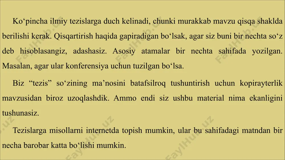 aragrafga to‘g‘ri keladi. asosiy tarkib tuzilishi, bir nechta kichik bo‘lim va iboralardan foydalanishi va ularga misollar bilan birga bo‘lishi kerak. xulosa, odamlar materialning kengaytirilgan versiyasini qaerdan topishi mumkinligini umumlashtiradi va tushuntiradi. agar tezis ilmiy bo‘lsa, unda har xil izohlar, tirnoq va tushuntirishlarni kiritish maqsadga muvofiqdir. tezislarning tuzilishi tezislar ma’lum bir tuzilishga ega bo‘lib, unga amal qilib muammoning mohiyatini aniq aytib bera olasiz. tezislarning uchta asosiy qismi bor: kirish qismi, asosiy qismi va xulosa. muqaddima oldida avtoreferatlar muallifi va ularning sarlavhasi haqidagi ma’lumotlar bor, ular ma’lum bir nashr talablariga muvofiq tuzilgan. muqaddima... bu qism tadqiqot muammosiga kirishni, uning dolzarbligi va tadqiqot maqsadini tavsiflashni nazarda tutadi. umumiy hodisa uchun an’anaviy iboralar ishlatiladi, yangi yoki kam uchraydigan atamani esa uning qisqacha tavsifidan boshlash kerak. namuna: qimorga qaramlik maktab yoshidagi bolalarning muhim muammolaridan biridir. kiberhujum – bu kiberhujum, bu dunyoda vahimali darajaga yetdi. aloqadorlik va boshqa elementlarni ifoda etganda, maqolangizda bo‘lishi mumkin bo‘lgan matn …