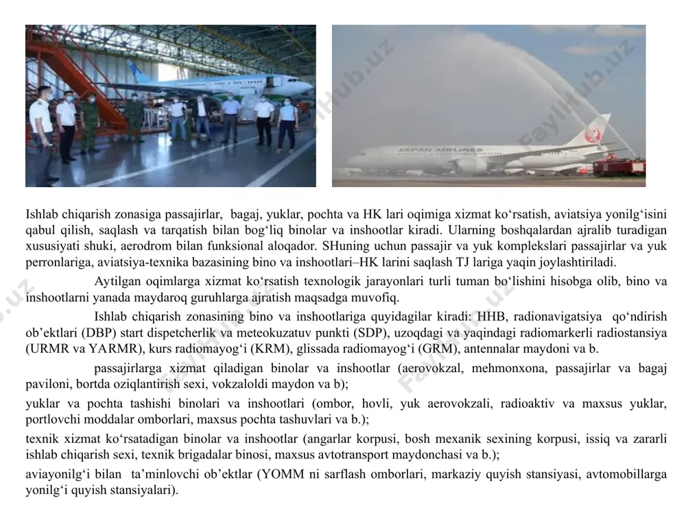 iqishning ikki usuli bor. bittasi ikkita tj o‘rtasidan to‘g‘ri chiziq bo‘ylab chiqish, ikkinchisi hk burilib o‘z tj iga perependikulyar turib oladi, keyin rullanib chiqadi. ikkinchisida zaruriy maydon xiyol kichikroq bo‘lsa ham kifoya. ko‘p hollarda tj dan chiqishda shatakchi yordamida ma’lum masofaga olib chiqiladi, keyin o‘z kuchi bilan yuradi. bu usulning yaxshi tomoni shuki, hk larini joylashtirish qulay va kam maydon talab qilinadi. hk larini tj dan rullab chiqarish yo’lagi hozirgi vaqtda dunyo amaliyotida hk larini perronlar va tj lariga qo‘yishning quyidagi usullari qo‘llanadi. «tumshug‘i oldinda, rullash o‘qiga qiya». bunday usulda hk lari tj ga o‘z kuchi bilan kiradi va chiqadi. dvigatelning quvvati nisbatan kichik bo‘lganida rulni orqaga burish mumkin, chunki tezlik kam va hk ning massasi yonilg‘i sarfi sababli pasayadi, shovqin va gaz-havo oqimlarining ta’siri kamayadi. hk ni oldinga yurgizganda gaz-havo oqimi binolar tomonga yo‘naladi, maxsus himoya to‘siqlari o‘rnatish kerak bo‘ladi. «tumshug‘i ichkarida, rullash o‘qiga qiya». joylashning bu usulida hk …