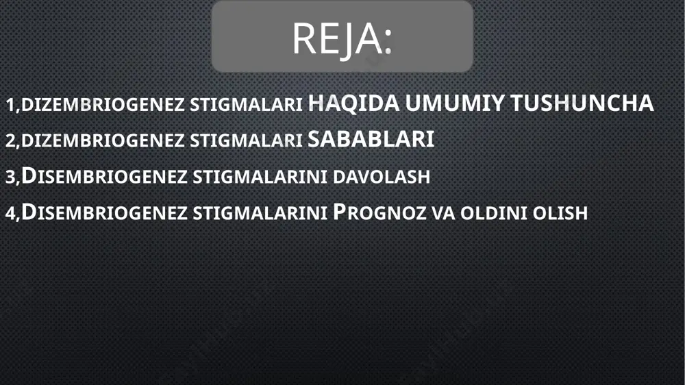 oksik ta'sirlarni bartaraf etishni o'z ichiga oladi. kelajakdagi ota-onalarga kontseptsiyani oldindan rejalashtirish va homiladorlikdan oldin skrining tekshiruvidan o'tish tavsiya etiladi. agar sizning oilangizda irsiy patologiyalar bo'lsa, genetik mutaxassis bilan maslahatlashish zarur. disembriogenez stigmalarini prognoz va oldini olish image2.png image3.png image4.png image5.png image6.png image7.png image8.png image9.png /docprops/thumbnail.jpeg