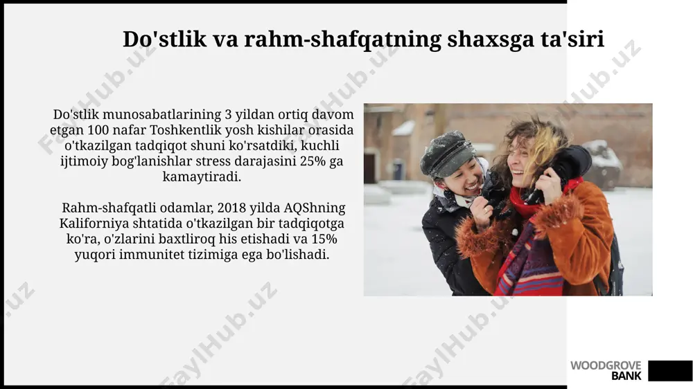 ve bank rahm-shafqatning salbiy oqibatlari shaxsiy chegaralarni buzish: o'zbekistondagi 15 yillik tadqiqotlar shuni ko'rsatdiki, haddan tashqari rahmdillik o'z chegaralarini himoya qila olmaslikka olib keladi, bu esa charchoq, stress va sog'liq muammolariga sabab bo'ladi. ishonchsizlik va manipulyatsiya: 20% dan ortiq hollarda, haddan ziyod rahmdillik tufayli, insonlar o'zlaridan foydalanishlariga yo'l qo'yishadi, bu esa ruhiy va hissiy jihatdan salbiy ta'sir ko'rsatishi mumkin. masalan, samarqand viloyatida shunday holatlar kuzatilgan. woodgrove bank rahm-shafqatning ijobiy oqibatlari o'zbekistondagi 2022-yilgi milliy tadqiqotlar natijalari, 75% dan ortiq ishtirokchilarning fikriga ko'ra, o'zaro yordam va mehr-muhabbat munosabatlari oilaviy munosabatlarni mustahkamlaydi va 5 yil davomida ajralish darajasini 20% ga kamaytiradi. samarqand viloyatida o'tkazilgan tadqiqotlar shuni ko'rsatdiki, mehribonlik va xayriya ishlari bilan shug'ullanuvchi 50 dan ortiq kishi kamida 10% ga kamroq stress va yuqori darajada hayotdan mamnuniyat hissini boshdan kechirgan. woodgrove bank do'stlikning ijobiy oqibatlari samarqand shahrida o'tkazilgan tadqiqotlar shuni ko'rsatdiki, do'stona munosabatlarga ega bo'lgan 300 nafar ishtirokchining 85 foizi kamroq stress va …