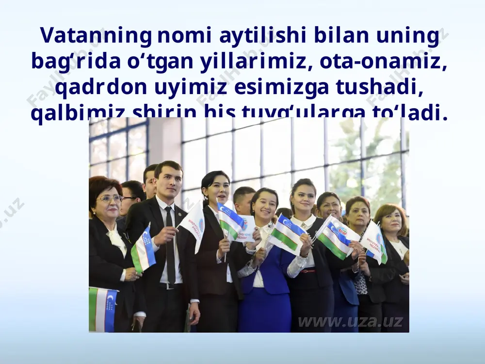 urgan. andijon. zahiriddin muhammad bobur haykali ota-bobolarimiz vorisiylik an’analarini saqlash uchun o‘zlarining nasl-nasab tarixi – shajarasini yozib borganlar. ulug‘ allomalarimiz vatan tuyg‘usi har ishda, har qadamda madadkor bo‘lsin deb, o‘z ismi shariflariga tug‘ilgan joylarining nomini qo‘shib yozganlar. buxoriy, zamaxshariy, samarqandiy, shoshiy, toshkandiy, farg‘oniy, marg‘inoniy, xorazmiy, termiziy, nasafiy singari nomlar shu tarzda paydo bo‘lgan. ahmad al farg‘oniy el-yurt ozod, mamlakat mustaqil bo‘lsa, inson uning ravnaqi yo‘lida bor kuch-qudratini safarbar etadi, vatan bilan bog‘liq hislari g‘urur-iftixor tuyg‘usiga aylanadi. savol va topshiriqlar: 1. siz mobil telefoningizdan foydalanganingizda uni kim kashf etgani haqida o‘ylab ko‘rganmisiz? 2. siz chet elga sayohatga chiqsangiz, o‘zingiz bilan nimalarni olgan bo‘lardingiz? 3. vatan tuyg‘usi haqida she’r yoki qo‘shiq bilasizmi? 4. rasmlarga qarab vatanparvarlik haqida gapirib bering. image2.jpeg image3.jpeg image4.jpeg image5.jpeg image6.jpeg image7.jpeg image8.jpeg image9.jpeg image10.emf image11.jpeg image12.jpeg image13.jpg image14.png image15.jpg image16.jpeg image17.emf image1.jpeg