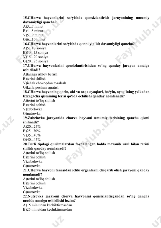 iq shilish b)terini ochish v)zabelovka g)nutrovka 21.chorva hayvoni tanasidan ichki organlarni chiqarib olish jarayoni qanday nomlanadi? a)terini to‘liq shilish b)terini ochish v)zabelovka g)nutrovka 22.nutrovka jarayoni chorva hayvonini qonsizlantirgandan so‘ng qancha mudda amalga oshirilishi lozim? a)15 minutdan kechiktirmasdan b)25 minutdan kechiktirmasdan v)35 minutdan kechiktirmasdan g)45 minutdan kechiktirmasdan 23.qaysi chorva hayvonlari go‘shtini baholashda jinsga ajratilmaydi? a)parrandalar b)quyonlar v)cho‘chqalar g)qo‘y va echkilar 24.semizlik darajasiga ko‘ra mol go‘shti va buzoq go‘shti necha kategoriyaga ajratiladi? a)2 b)3 v)4 g)5 25.semizlik darajasiga ko‘ra cho‘chqa go‘shti necha kategoriyaga ajratiladi? a)2 b)3 v)4 g)5 26.semizlik darajasiga ko‘ra toy go‘shti necha kategoriyaga ajratiladi? a)1 b)2 v)3 g)4 27.termik holatiga ko‘ra chorva hayvonlarining go‘shti necha turga ajratiladi? a)3 b)4 v)5 g)6 28.davlat standartiga ko‘ra qoramol go‘shti ishlov berilishiga ko‘ra necha guruxga ajratiladi? a)1 b)2 v)3 g)4 29. davlat standartiga ko‘ra qo‘y va echki go‘shti ishlov berilishiga ko‘ra necha guruxga ajratiladi? a)1 b)2 v)3 g)4 30.qoramol to‘shi bo‘linganidan so‘ng tabiiy sharoitlarda …