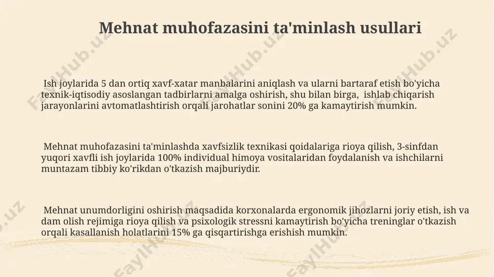 ahamiyati katta. kasbiy kasalliklarning oldini olish ish joyidagi xavfsizlik texnikasi qoidalariga rioya qilish, xususan, shaxsiy himoya vositalaridan foydalanish, kasbiy kasalliklar sonini 15-25% ga qisqartirishi mumilkin. kasbiy kasalliklarning oldini olishda yillik tibbiy ko'rikdan o'tish, xususan, 35 yoshdan oshgan xodimlar uchun, kasallik xavfini 20% ga kamaytirishi mumkin. zamonaviy texnologiyalar va avtomatlashtirishni joriy etish orqali, ishdagi jismoniy zo'riqishni 30% ga kamaytirish mumkin, bu esa kasbiy kasalliklar xavfini sezilarli darajada pasaytiradi. mehnat muhofazasining ahamiyati ish joyidagi baxtsiz hodisalar sonini 50% ga kamaytirish orqali mehnat muhofazasi sog'liqni saqlash xarajatlarini sezilarli darajada qisqartiradi va ijtimoiy ta'minot tizimiga bo'lgan yukni engillashtiradi. mehnat muhofazasining samarali tizimi, xavfsizlik texnikasi qoidalariga rioya qilish orqali, kasbiy kasalliklar xavfini 70% gacha kamaytirib, ishchilarning sog'lom va uzoq umr ko'rishini ta'minlaydi. mehnat muhofazasi ishchi kuchining 30% gacha bo'lgan yo'qotilishini oldini olib, ish unumdorligini 15-20% ga oshiradi va iqtisodiy samaradorlikni yaxshilaydi. ishchilarning huquqlari va majburiyatlari mehnat kodeksiga ko'ra, homilador ayollar va 3 yoshgacha bo'lgan bolasi …