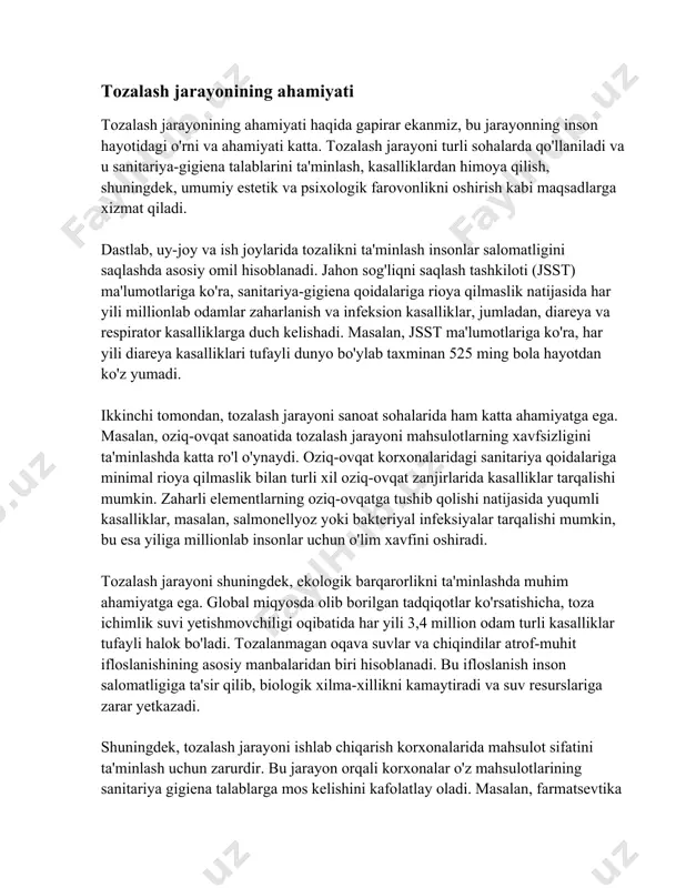 riga zarar yetkazadi. shuningdek, tozalash jarayoni ishlab chiqarish korxonalarida mahsulot sifatini ta'minlash uchun zarurdir. bu jarayon orqali korxonalar o'z mahsulotlarining sanitariya gigiena talablarga mos kelishini kafolatlay oladi. masalan, farmatsevtika sanoatida tozalash jarayoni orqali mahsulot sifatiga ta'sir etuvchi mikroskopik iflosliklar va bakteriyalar bartaraf etiladi. bu esa mahsulotlarning xavfsizligi va samaradorligini ta'minlaydi. shu bilan birga, xalqaro miqyosda tozalash jarayonlariga oid standartlar mavjud bo'lib, iso 14001 kabi xalqaro standartlar atrof-muhit menejmenti tizimlari uchun yo'riqnomalarni belgilaydi. ushbu standartlarga rioya qilish orqali korxonalar o'z faoliyatlarini ekologik jihatdan qulay qilish va atrof-muhitni himoya qilishga yordam beradi. bundan tashqari, har bir shaxsning kundalik hayotida tozalash jarayoniga amal qilish orqali o'z salomatligini saqlash mumkin. jahon sog'liqni saqlash tashkiloti bergan tavsiyalarga ko'ra, qo'llarni muntazam ravishda sovun bilan yuvish orqali infeksion kasalliklar tarqalishini 30 foizga qadar kamaytirish mumkin. xulosa qilib aytganda, tozalash jarayonining ahamiyati inson salomatligini saqlash, kasalliklardan himoya qilish, atrof-muhitni himoya qilish va ishlab chiqarish jarayonida mahsulot sifatini ta'minlash …