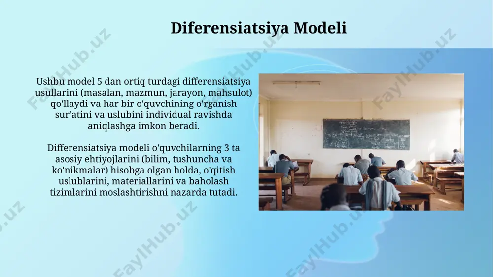 tadi. inklyuziv ta'limning asosiy xususiyatlari inklyuziv ta'lim modeli o'quvchilarning 80% dan ortig'ini qamrab oladigan turli xil o'quv uslublarini, masalan, individuallashtirilgan ta'lim va hamkorlikdagi o'rganishni o'z ichiga oladi. inklyuziv sinf xonalarida o'qituvchilar kamida 3 xil turdagi o'quv materiallaridan foydalanadilar va har bir talabaning o'rganish ehtiyojlariga moslashtirilgan individual ta'lim rejalari ishlab chiqiladi. o'qituvchilarning rol va mas'uliyati o'qituvchilar har bir o'quvchining noyob ehtiyojlarini aniqlash uchun kamida 3 ta turli baholash usullaridan foydalanishlari va individual ta'lim rejalari (itr) ni ishlab chiqishlari kerak. inklyuziv ta'lim muhitida o'qituvchilar 80% vaqtdan ko'proq vaqtini individual qo'llab-quvvatlash va farqli o'quv usullarini qo'llashga bag'ishlashi lozim. e'tiboringiz uchun rahmat @taqdimot_robot image2.jpg image3.jpg image4.jpg image5.jpg image6.jpg image7.jpg image8.jpg image9.jpg image10.jpg image11.jpg image12.jpg image1.png