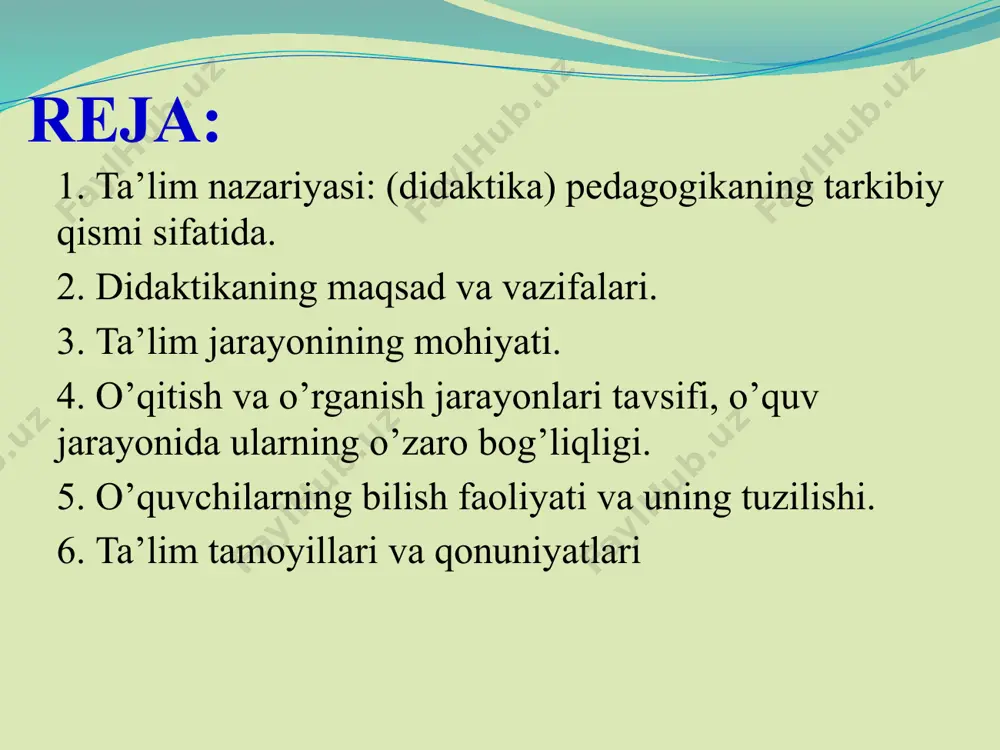 va o’rganmasdan hech kim odam bo’la olmaydi. yan amos kamenskiy pedagogical relation in the didactic triangle content teacher pedagogical relation student didaktika (ta’lim nazariyasi)ning maqsadi o’qitish (o’qituvchi faoliyati) va bilim olish (o’quvchining o’rganish faoliyati)ning o’zaro bog’liqligi va aloqadorligi jihatlarini o’rganishdan iborat. didaktikaning vazifalari ta’lim jarayonlari va ularni amalga oshirish shartlarini ta’riflash va tushuntirish ta’lim jarayonini yanada mukammal tashkil etish, ta’lim tizimlari va texnologiyalarini ishlab chiqish ta’lim jarayoni uchun xos bo’lgan umumiy qonuniyatlarni aniqlash, omillarini tahlil qilish va ta’riflash didaktikaning asosiy kategoriyalari va didaktik tushunchalar tizimi. falsafiy tushunchalar umumiy-ilmiy tushunchalar pedagogikaga xos didaktik tushunchalar didaktik tushunchalar falsafiy tushunchalar umumiy-ilmiy tushunchalar pedagogikaga xos didaktik tushunchalar umumiy tizim ta’lim alohida tuzilma ta’lim jarayoni mohiyat vazifa bilim olish hodisa element dars qarama-qarshilik o’quv fani bog’liqlik ta’lim mazmuni 13 didaktikaning asosiy kategoriyalari bilim shaxsning ongida tushunchalar, sxemalar, ma’lum obrazlar ko’rinishida aks etuvchi borliq haqidagi tizimlashtirilgan ilmiy ma’lumotlar majmui ko’nikma olingan bilimlarga asoslanib qo’yilgan vazifalar va …