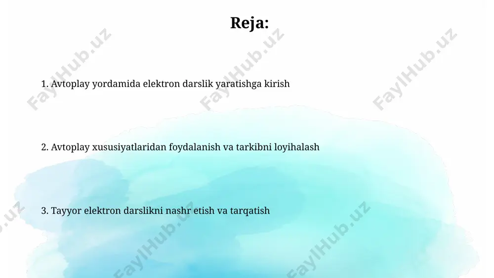 stetikasi va vizual jozibadorligi, 70% foydalanuvchi qiziqishini belgilaydi, shuning uchun minimalist yoki zamonaviy dizayn uslublarini tanlash maqsadga muvofiq. kontentni tayyorlash va tuzish kontentni mantiqiy bo'limlarga, 5-7 ta kichik mavzuga bo'lish, har bir bo'limga sarlavha va qisqacha mazmun qo'shish o'quv materialini tushunishni osonlashtiradi. elektron darslik yaratishda 20 dan ortiq interaktiv elementlardan, masalan, videolar, testlar va 3d modellardan foydalanish o'quv jarayonini yanada qiziqarli va samarali qiladi. loyiha rejalashtirish va tuzilmani belgilash loyihaning muvaffaqiyatli amalga oshirilishi uchun 3 bosqichli reja tuzish, har bir bosqich uchun aniq muddatlar (masalan, 1 oy, 2 hafta) va bajarilishi kerak bo'lgan vazifalar ro'yxatini belgilash zarur. elektron darslik tuzilmasini aniqlashda, 5ta asosiy bob va har bir bobga tegishli 10-15ta kichik mavzu qo'shish, shuningdek, har bir mavzu uchun testlar va mashqlarni rejalashtirish muhim. marketing va tarqatish elektron darslikni 10 ga yaqin turli xil onlayn platformalar orqali, jumladan, o'quv markazlarining veb-saytlari va elektron kutubxonalar orqali tarqatish mumkin. darslikni bepul demo versiyasi …