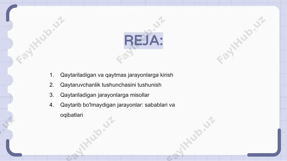 an, ular sodir bo'lgandan keyin qaytarib bo'lmaydigan hodisalar. sabablari ishqalanish, issiqlik uzatish va qaytarilmas kimyoviy reaktsiyalarni o'z ichiga olishi mumkin. qaytarib bo'lmaydigan jarayonlarning ta'siri energiya yo'qolishiga, entropiyaning oshishiga va materiallarning buzilishiga olib kelishi mumkin. ushbu o'zgarishlar ko'pincha istalmagan va tizimlarning samaradorligi va barqarorligiga ta'sir qilishi mumkin. qaytarib bo'lmaydigan jarayonlarni tushunish termodinamika, muhandislik va atrof-muhit fanlari kabi turli sohalarda juda muhimdir. qaytarib bo'lmaydigan jarayonlarni minimallashtirish orqali biz murakkab tizimlarda samaradorlikni oshirishimiz va isrofgarchilikni kamaytirishimiz mumkin. qaytariladigan va qaytmas jarayonlarni solishtirish qaytariladigan jarayonlar asta-sekin sodir bo'ladi va atrofdagi o'zgarishlarga olib kelmasdan orqaga qaytarilishi mumkin. aksincha, qaytarilmas jarayonlar o'z-o'zidan bo'lib, atrofdagi doimiy o'zgarishlarga olib keladi. qaytariladigan jarayonlarda tizim doimo atrofdagilar bilan muvozanatda bo'ladi. qaytarib bo'lmaydigan jarayonlar esa energiyaning tarqalishini o'z ichiga oladi va ularning dastlabki holatiga osongina qaytarilmaydi. qaytariladigan va qaytarilmaydigan jarayonlar o'rtasidagi farqni tushunish termodinamika va kimyoviy reaktsiyalar kabi sohalarda juda muhimdir. qaytariladigan jarayonlar idealdir, lekin qaytarilmas jarayonlarda energiya yo'qotishlari tufayli amalda …