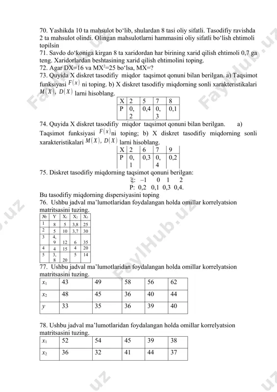 tizimi, rekursiv ko’rinish, mtsh, mksh) 62. modelning tuzilmaviy shakli va modelning keltirilgan shakli. (umumiy ko’rinishi, paramtrlarni baholash masalasi) 63. gretl, stata dasturlari va uning imkoniyatlari. 64. ekonometrik tadqiqotlarda axborot texnologiyalari. 65. ikki bosqichli eng kichik kvadratlar usuli. 65. bir ko’rsatkichli dinamik qatorlarni modellashtirish. 66. parametrlarni baholash usullari. (ekk, haqiqatga maksimal o’hshashlik, momentlar usuli va h.k) 67. qutida 10 ta detal bo‘lib, ulardan 4 tasi yaroqsiz. yig‘uvchiga tavakkaliga 3 ta detal oldi. olingan detallarning hech bo‘lmaganda bittasi yaroqsiz bo‘lish ehtimolini toping. 68. qutida 10 ta detal bo‘lib, ulardan 4 tasi yaroqsiz. yig‘uvchiga tavakkaliga 3 ta detal oldi. olingan detallarning hech bo‘lmaganda bittasi yaroqsiz bo‘lish ehtimolini toping. 69. yashikda 10 ta qizil va 6 ta ko‘k shar bor. tavakkaliga 2 ta shar olinadi. olingan ikkala sharning bir xil rangli bo‘lish ehtimolini toping 70. yashikda 10 ta mahsulot bo‘lib, shulardan 8 tasi oliy sifatli. tasodifiy ravishda 2 ta mahsulot olindi. olingan mahsulotlarni hammasini …