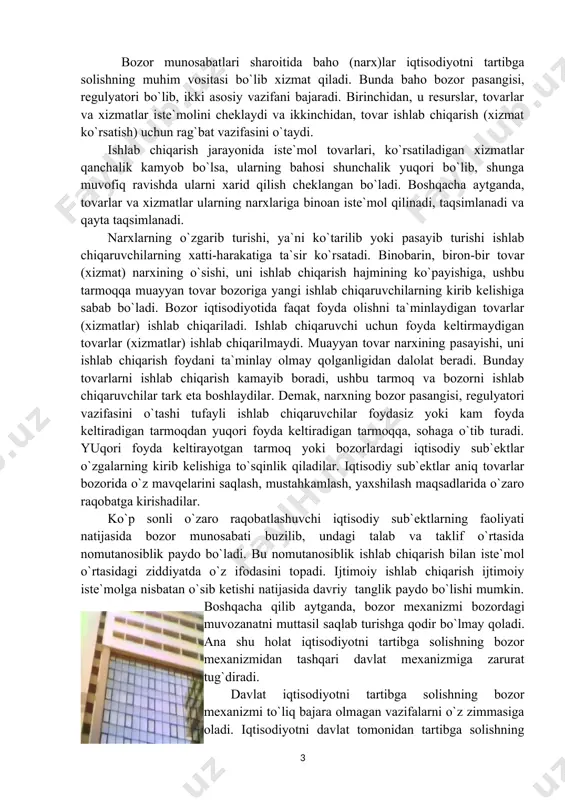 rtasida nomutanosiblik paydo bo`ladi. bu nomutanosiblik ishlab chiqarish bilan iste`mol o`rtasidagi ziddiyatda o`z ifodasini topadi. ijtimoiy ishlab chiqarish ijtimoiy iste`molga nisbatan o`sib ketishi natijasida davriy tanglik paydo bo`lishi mumkin. boshqacha qilib aytganda, bozor mexanizmi bozordagi muvozanatni muttasil saqlab turishga qodir bo`lmay qoladi. ana shu holat iqtisodiyotni tartibga solishning bozor mexanizmidan tashqari davlat mexanizmiga zarurat tug`diradi. davlat iqtisodiyotni tartibga solishning bozor mexanizmi to`liq bajara olmagan vazifalarni o`z zimmasiga oladi. iqtisodiyotni davlat tomonidan tartibga solishning asosiy maqsadi iqtisodiy muvozanatga erishish asosida tushkunlik va tanglikning oldini olish, ijtimoiy ishlab chiqarishning barqaror o`sishini ta`minlash, milliy iqtisodiyot ravnaqi uchun imkoniyatlar yaratish va aholini ijtimoiy muhofaza qilish choralarini amalga oshirishdir. iqtisodiyotni davlat tomonidan tartibga solishda bozor mexanizmining samarali ishlashi uchun sharoit yaratish muhim ahamiyat kasb etadi. shuning uchun davlat raqobatni rag`batlantirish orqali bozor tizimini saqlashni o`z zimmasiga oladi. chunki erkin tadbirkorlik va uni boshqaruvchi talab va taklif qonunlarining amal qilishi ko`p jihatdan raqobatga bog`liq bo`ladi. raqobatchilik …