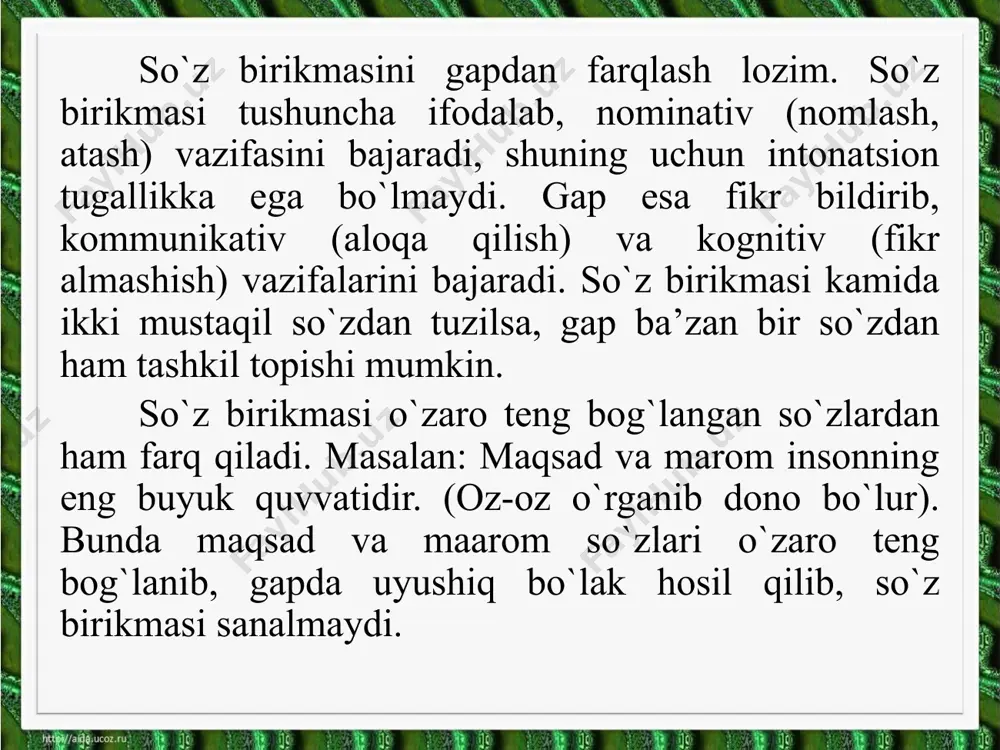 birikma; iqtisodiyotning taraqqiyoti, maktab hovlisi - qaratuvchili birikma; o`qituvchi salimova, professor qodirov - izohlovchili birikma. aniqlovchili birikma bitishuv va boshqaruv yo`li bilan tuziladi. to`ldiruvchili birikma. tobe qismi to`ldiruvchi vazifasini bajaradigan so`z birikmasi to`ldiruvchili birikma deb yuritiladi. bunda qismlar o`zaro boshqaruv yo`li bilan birikadi. masalan: yoshlarga nasihat qilmoq, odamlarni qadrlamoq, talabalar uchun darslik, ilm-fan haqida so`zlamoq. holli birikma. bu xil so`z birikmalarining tobe qismi hol vazifasini bajaradi. holli birikmaning tobe va hokim qismlari o`zaro bitishuv yoki boshqaruv yo`li bilan bog`lanadi: yangicha fikrlamoq, birga ishlamoq, maktabdan qaytmoq, erta boshlamoq. so`z birikmalari tuzilishiga ko`ra 2 xil bo`ladi: 1) oddiy so`z birikmalari, 2) murakkab so`z birikmalari. oddiy so`z birikmasi. so`zshakl bilan so`z (leksema)ning yoki ikki so`zshaklning bog`lanmasi oddiy so`z birikmasi hisoblanadi: keng dala, tekisroq yo`l, tinchlikka da’vat qilmoq, davlatlarning hamdo`stligi, maktab hovlisi. biror qismi frazeologik ibora yoki murakkab tushunchani bildiradigan turg`un birikma bilan ifodalanadigan so`z birikmasi ham oddiy so`z birikmasiga mansub bo`ladi. masalan: yulduzni …
