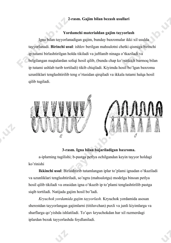 b tikish. maxsus mashina. kiyimga qo’yilgan applikatsiya shakli ko’klash choki bo’ylab zigzak yo’rmash choki yordamida (bostirib tikiladi) shakl qirqim cheti bo’ylab bostirib tikiladi. applikatsiya bostirib tikilishi bilan bir vaqtda rasmga dekorativ ishlov ham beriladi. 1.5. nii berish. dazmol mato, dazmol. tayyor applikatsiyaning ortiqcha iplari qirqiladi, tozalanadi va yaxshilab dazmollanadi. ii. har xil applikatsiyalarga ishlov berish 2.1. geometrik figura ko’rinishidagi applikatsiya. qog’oz, paket, qaychi, dazmol, maxsus, universal mashina. geometrik figura, aylana, uchburchak, ko’pburchak shaklida bo’lib, bular asosida uy, bino, inson qiyofalarini hosil qilish mumkin. bunda kiyim turiga qarab va matoning rangiga mos bo’lgan shakllar mato bo’lakchalaridan qirqib olinadi. qirqilgan mato bo’lagini kiyimga joylashdan oldin uning ostidan qirqilgan paket qismini qo’yib joylashtiramiz. so’ngra uning qaychi, qog’oz, yopib qog’ozning ustidan issiqlik vositasi dazmol yordamida orasiga qo’yilgan yupqa paket erib matolarni bir-biriga yopishtiradi. tayyorlangan applikatsiya kiyimga qo’yib tikiladi. 2.2. manzarali applikatsiyalar. nina, ip, qaychi, maxsus, universal mashina. asosan yashil, qizil, sariq, ko’k, binafsha rang, …