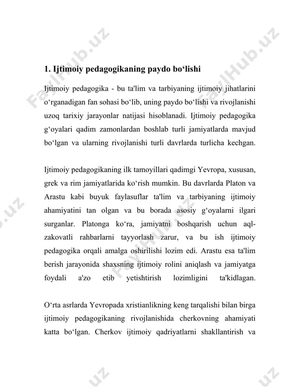 ularning iqtisodiy va ijtimoiy sharoitlariga moslashtirilgan turli dasturlar rivojlanmoqda. masalan, 2015 yilda birlashgan millatlar tashkiloti tomonidan qabul qilingan barqaror rivojlanish maqsadlari ijtimoiy pedagogika sohasida yangi strategiyalarni rivojlantirish zaruriyatini keltirib chiqardi. bu maqsadlar ichida, albatta, sifatli ta'lim, tenglikni ta'minlash va ijtimoiy adolatni o'rnatish masalalari mavjud bo'lgani uchun ijtimoiy pedagogika bu maqsadlarning amalga oshirilishida asosiy rol o'ynaydi. xulosa qilib aytganda, ijtimoiy pedagogikaning rivojlanishi ijtimoiy muhit va shaxslar o'rtasidagi o'zaro aloqalarni chuqurroq o'rganish, yangi tarbiyaviy usullarni tadbiq etish va shaxsning jamiyatda barkamol shaxs sifatida rivojlanishini ta’minlashda muhim o'rin tutadi. 3. ijtimoiy pedagogikaning nazariy asosi "ijtimoiy pedagogikaning nazariy asosi" mavzusi bo‘yicha quyidagi ma’lumotlar berilishi mumkin: ijtimoiy pedagogika – bu shaxsning ijtimoiy rivojlanishi, ijtimoiy muhit sharoitida tarbiya va ta'limning nazariy va amaliy jihatlarini o'rganuvchi fan sohasi hisoblanadi. bu fan bolalar, o'smirlar, yoshlar va umuman jamiyat a'zolari ijtimoiylashuv jarayoni bilan shug'ullanadi. ijtimoiy pedagogika o'z oldiga qo'ygan maqsadlardan biri bu shaxsni jamiyatga ijtimoiy jihatdan moslashtirishdir. uning asosiy …
