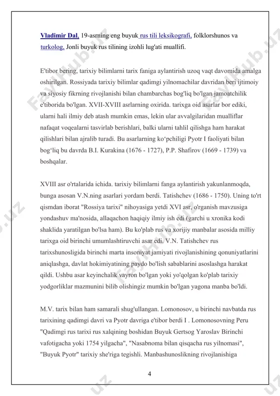 'ziga xos xususiyatlari, har bir davrning hukmron g'oyalari va urf-odatlari bilan bog'langan tarixiy voqealarning sababiyligi. i.n. boltin, shcherbatovdan farqli o'laroq, professional tarixchi bo'lmagan holda, m.m. shcherbatov va frantsuz tarixchisi g. lekler ("qadimgi va hozirgi rossiya tarixi haqida eslatmalar" g.lekler va "general-mayor boltinning knyaz shcherbatov tarixining birinchi va ikkinchi jildlari bo'yicha tanqidiy eslatmalari"). vladimir dybo, moskva qiyosiy tilshunoslik maktabining asosiy vakili e · tamara erofeyeva hyperlink "https://uz.wikipedia.org/wiki/sotsiolingvistika" \h , hyperlink "https://uz.wikipedia.org/wiki/sotsiolingvistika" \h «shahar tilini ijtimoiy lingvistik o'rganish» maktabi rahbari, hyperlink "https://uz.wikipedia.org/wiki/rus_tilshunos_va_filologlari" \l "cite_note-1" \h [1] hyperlink "https://uz.wikipedia.org/wiki/rus_tilshunos_va_filologlari" \l "cite_note-1" \h perm davlat milliy tadqiqot universitetining umumiy va slavyan tilshunosligi hyperlink "https://uz.wikipedia.org/wiki/rus_tilshunos_va_filologlari" \l "cite_note-2" \h [2] hyperlink "https://uz.wikipedia.org/wiki/rus_tilshunos_va_filologlari" \l "cite_note-2" \h kafedrasi qoshidagi ijtimoiy- va psixolingvistika maktabi hyperlink "https://uz.wikipedia.org/wiki/rus_tilshunos_va_filologlari" \l "cite_note-3" \h [3] hyperlink "https://uz.wikipedia.org/wiki/rus_tilshunos_va_filologlari" \l "cite_note-3" \h mudiri, rossiya oliy ta'limining faxriy arbobi. g dmitriy gerasimov, o'rta asr tarjimoni, diplomat va filolog, yevropa hyperlink "https://uz.wikipedia.org/wiki/uyg%ca%bbonish_davri" \h uyg'onish hyperlink "https://uz.wikipedia.org/wiki/uyg%ca%bbonish_davri" \h davri …