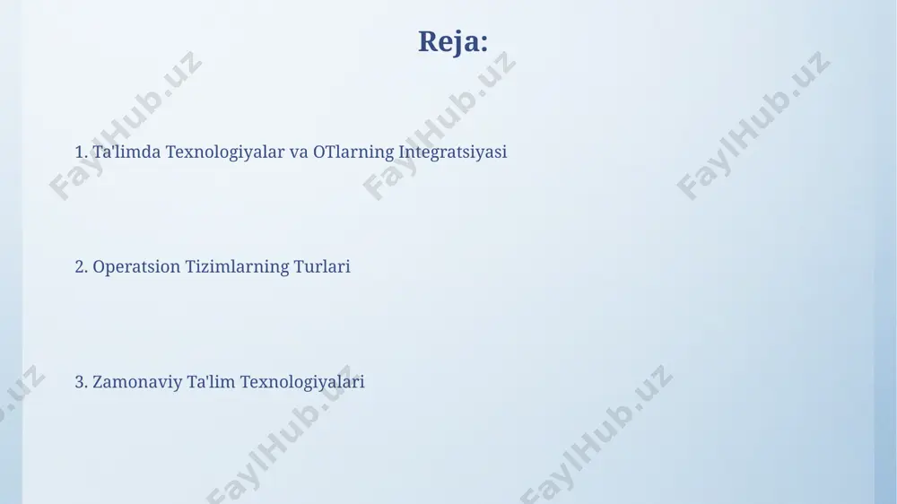 tirilgan o'rganishni ta'minlaydi. android operatsion tizimi android operatsion tizimi dunyo boʻyicha 3 milliarddan ortiq faol foydalanuvchiga ega boʻlib, bu uni eng keng tarqalgan mobil operatsion tizimiga aylantiradi va katta miqdordagi dasturlarni qoʻllab-quvvatlaydi. android operatsion tizimi, google play store orqali 2,5 milliondan ortiq ilovani taqdim etadi va doimiy yangilanishlar orqali xavfsizlikni ta'minlaydi hamda funksiyalarni takomillashtiradi. operatsion tizimlar turlari operatsion tizimlar ikki asosiy turga bo'linadi: server va ish stoli operatsion tizimlari. server oslari ko'p foydalanuvchi va yuqori ishlashga mo'ljallangan bo'lib, 1000 dan ortiq foydalanuvchini qo'llab-quvvatlashi mumkin. mobil operatsion tizimlari, android va ios kabi, smartfonlar, planshetlar va boshqa mobil qurilmalar uchun mo'ljallangan bo'lib, 2023 yil holatiga ko'ra dunyo bo'yicha milliardlab qurilmalarda ishlatiladi. kiberxavfsizlik va ta'lim ta'lim muassasalarida kiberxavfsizlikni ta'minlash uchun kamida 2 faktorli autentifikatsiya va muntazam antivirus dasturlarini yangilash kabi 5 ta asosiy texnologik chora qo'llanilishi kerak. kiberxavfsizlik ta'limi 10 yoshdan 18 yoshgacha bo'lgan o'quvchilar uchun zarur bo'lib, ularga shaxsiy ma'lumotlarni himoya qilish, …