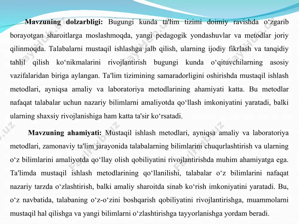 imlarni o‘zlashtirishning muhim qismini tashkil etadi. talabalar mustaqil ishlash orqali o‘z o‘quv faoliyatini tashkil etish, bilimlarni chuqur o‘zlashtirish va hayotda qo‘llash uchun zarur ko‘nikmalarni rivojlantiradilar. bu jarayon o‘quvchilarning faolligini, ularning kritik fikrlash va ijodiy yondashuvlarini rivojlantiradi, shu bilan birga tez o‘zlashish qobiliyatini oshiradi. mustaqil ishlashda o‘quvchilar o‘z bilimlarini nazariyadan amaliyotga aylantirish imkoniyatini yaratadilar, bu esa ularning o‘qish va kasbiy faoliyatga tayyorlanishiga yordam beradi. 1. tez o‘zlashish tez o‘zlashish, talabalar tomonidan yangi bilimlar va ma'lumotlarni tezda o‘zlashtirish, yangi sharoitlarga moslashish va yangi muammolarga javob topish qobiliyatini anglatadi. mustaqil ishlash jarayonida talabalar ko‘pincha o‘z-o‘zini o‘rgatish orqali yangi bilimlarni o‘zlashtiradilar. bu esa ularning tez o‘zlashish qobiliyatini rivojlantiradi. quyidagi jadvalda mustaqil ishlashning o‘rganish jarayonidagi roli, uning tez o‘zlashish, kritik fikrlash va ijodkorlikni rivojlantirishdagi ahamiyati ko‘rsatilgan: 1 – jadval. mustaqil ishlashning asosiy jihatlari tez o‘zlashish kritik fikrlash ijodkorlikni rivojlantirish o‘quvchilarning ma'lumotlarni o‘zlashtirish qobiliyati talabalar yangi ma'lumotlarga tez moslashadilar, yangi sharoitlar va bilimlar bilan tanishishda mustaqil …