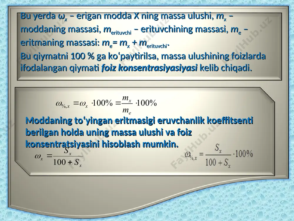 g molyar konsentratsiyasini hisoblash formulasi quyidagicha: bu yerda ex - erigan moddaning ekvivalent massasi (g/ekv); ve– eritma hajmi (l). normal konsentrasiya. 1 l (1000ml) eritmada erigan x moddaning ekvivalent miqdori (ekv soni, nekv,x) bilan ifodalanadigan konsentrasiyasi normal konsentrasiya nx deyiladi: eritmaning massa ulushi va foiz konsentratiyasi ma'lum holatda uning normalligini quyidagicha hisoblash mumkin: agar eritma hajmi ml da berilsa: ma'lum molyar konsentratsiyali bir modda eritmalari aralashtirilganda hosil bo‘lgan eritmaning molyar konsentratsiyasini hisoblash formulasi quyidagicha: bu yerda c1, c2, c3 va cn lar v1, v2, v3 va vn hajmli eritmalarning molyar konsentratsiyalari. bunda merituvchi – erituvchi massasi (g); mx – erigan modda massasi (g); mx – erigan moddaninig molyar massasi (g/mol). 1000 g erituvchida erigan x moddaning miqdori (mollar soni, nx) molyal konsentrasiya cm, x deb ataladi: molyal konsentrasiya. eritmada erigan moddaning massa ulushi yoki foiz konsentratsiyasi yordamida ham molyal konsentratsiyani hisoblash mumkin: bu yerda ωerituvchi va ω%,erituvchi erituvchining eritmadagi massa …