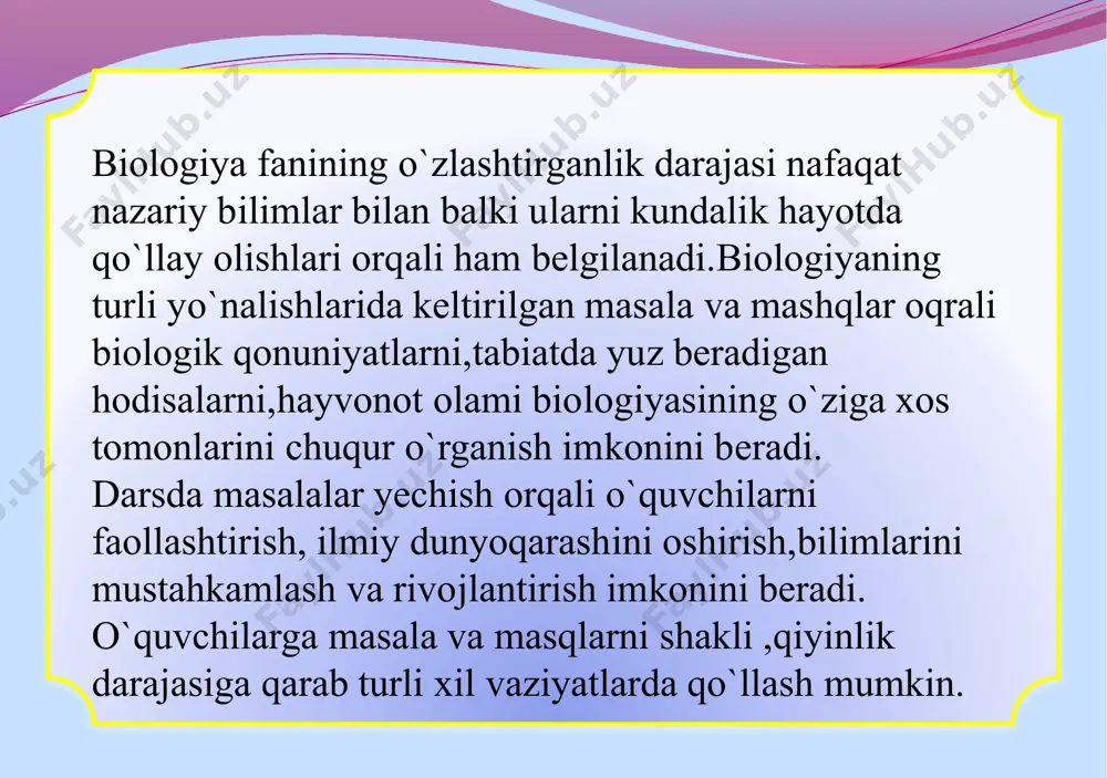 anishiga doir. rnk zanjirini uzunligi va uning tarkibidagi nukleotidlarni miqdorini aniqlash. rnk molekulasi uzunligi, nukleotidlar soni, vodorod bog’larni aniqlashga doir masalalar dnk molekulasidan sintez qilinadigan aminokislotalarni va genetik kod sonini aniqlashga doir masalalar . oqsil molekulyar massasini, peptid bog’lar sonini aniqlashga doir masalalar molekulyar biologiyaga oid masalalari genlarda oqsil molekulasining birlamchi tuzilishi to‘g‘risida irsiy axborot bor degan g‘oya dastlab f.krik tomonidan ilgari surilgan. oqsil tarkibida 20 xil aminokislota bor.dnkdagi nukleotidlar atigi to‘rt xil. u holda 43=64 aminokislota polipeptid tarkibidan o‘rin olgan bo‘lar edi. oqsil molekulasini sintezida dnkning o‘zi bevosita ishtirok etmaydi, chunki u yadro tarkibida, oqsil esa sitoplazmadagi ribosomalarda sintezlanadi. odatda oqsil strukturasi haqidagi axborot dnkda bo’ladi va saqlanadi. dnk dagi oqsil biosintezi tog‘risidagi axborotni irnkga ko‘chiradi. jami kodlar soni 64 ta bo’lib, 20 xil aminokislotalardan ikkitasini kodi bittadan tadan. qolgan o`n sakkiztasini kodi 2, 3, 4, 6 tadan bo’lishi mumkin. 5 ta kodonga ega bo’lgan aminokislota uchramaydi.  metionin …