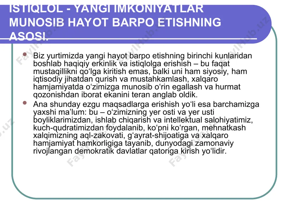 r. shu boisdan ota-onalarirniz farzandlarning puxta bilim olishlari, qiziqishlari bo'yicha kasb-hunar egallashlari, axloq-odob qoidakrini mukamma! bilishlari va ularga amal qilishlari uchun zarur imkoniyatlarni yaratadiiar. chunki oilada bolani to'g'ri tarbiyalash — mustahkam poydevorli jamiyat barpo etilishining garovi. bola tarbiyasi keng qamrovli, uzoq davom etadigan murakkab jarayon bo'lib, uning o'ziga xos xususiyatlari mavjud. ushbu jarayon turmush quradigan yigit va qizning bir-biriga har tomonlama munosibligidan boshlanadi. bo'lajak ota-onaning sog'-salomatligi, nasl-nasabi, dunyoqarashi, axloq-odobi, moddiy va ma'naviy darajasining mosligi, turmush qurishga har tomonlama tayyorligi farzand ko'rish va uning tarbiyasida muhim ahamiyatga ega. oila ahilligi, barkamol farzandlar jamiyat mustahkamligi va ma'naviy yetukligining garovidir. test savollari президент и.каримов таъкидлаганидек «ғояга қарши фақат ғоя, фикрга қарши фақат фикр, жаҳолатга қарши… билан кураш олиб бормоғимиз лозим» нуқталар ўрнини тўлдиринг. а) маънавият; б) маърифат; в) адолат; г) шафқатлилик; д) шижоат. «туркистон умумий уйимиз» ғояси қайси давлат раҳбари томонидан илгари сурилган? а) россия; б) ўзбекистон; в) бмт халқаро ташкилоти; г) қирғизистон; …