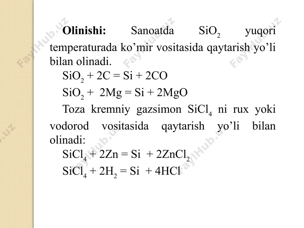 konstruksiyalar, detallarda betonning siqilishdagi yuqori puxtalik xossasi bilan po’lat armaturaning cho’zilishdagi hamda egilishdagi yuqori puxtalik xossasi mujassamlangan. germaniy, qalay, qorg`oshi sirtqi qavatida 4 tadan elektron bor. bular metalloidlar bilan ta’sirlashganda ikkiga yoki to’rtga teng valentlik namoyon qiladi. ge gruppachasidagi elementlar, ular atomlarining sirtqidan oldingi kvant qavatida 2, 8 emas, 18 elektron bo’lishi bilan uglerod gruppachasidagi elementlardan farq qiladi. bularning atom radiusi katta, ionlanish energiyasining qiymati kichik. ge yer po’stlog’ida 2·10–4 % tashkil qiladi. ge tabiatda nodir minerallar, germanit tarkibida uchraydi, u rux rudalarida ham bo’ladi. ge ajratib olinadigan manba toshko’mir yoqilganda chiqadigan kuldir. toshko’mir kulidagi germaniy geo2 ga aylantiriladi. geo2 + 2h2 = ge + 2h2o zonali suyuqlanish usulida tozalashda toza ge olinadi. ge kumushrang, oq tusli, qattiq mo’rt metall bo’lib, uning suyuqlanish temperaturasi 958ºc, zichligi esa 5,36 g/sm3 ga teng. ge havoda o’zgarmaydi. unga suv ham ta’sir etmaydi. ge kislorod bilan 700ºc da ta’sirlashadi, geo2 hosil qiladi. ge suyultirilgan …