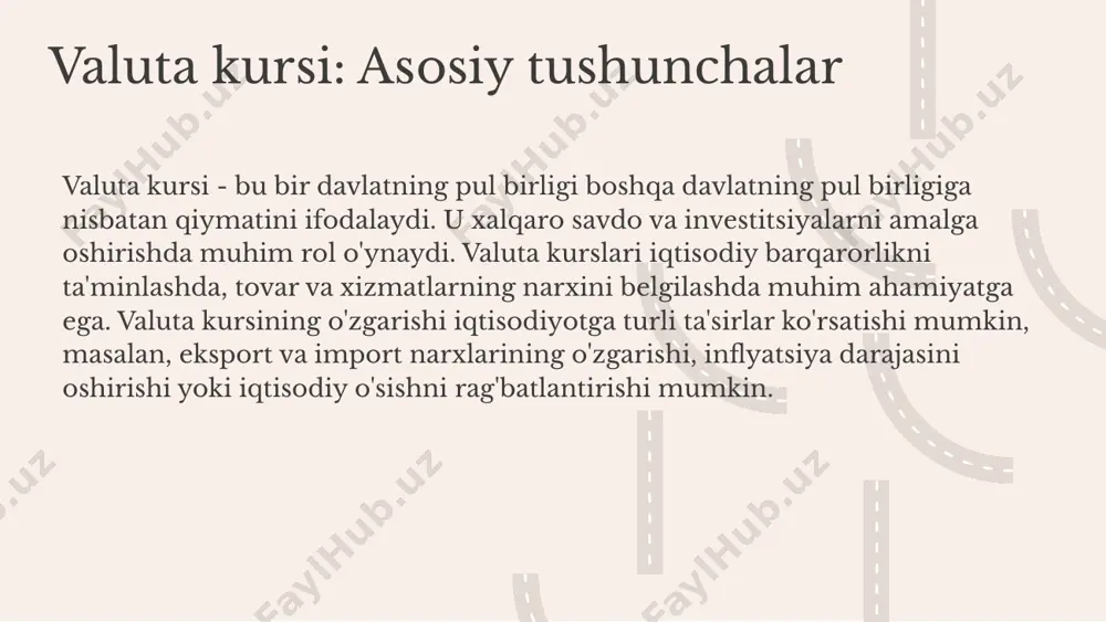 rqali tasdiqlangan. o'zgarishlarga ta'sir etuvchi sabablar o'zgarishlarga ta'sir etuvchi asosiy sabablar ichki iqtisodiy omillar, global bozor sharoitlari va siyosiy barqarorlikdir. xususan, energiya narxlarining o'zgarishi va xalqaro savdo muammolari valyuta kursiga bevosita ta'sir ko'rsatadi. kelajak tendentsiyalari kelajakda valyuta kursining o'zgarishlari haqida prognozlar shuni ko'rsatadiki, global iqtisodiy tiklanish va investitsiyalarning ortishi natijasida kurslar barqaror bo'lishi kutilmoqda. grafiklar yordamida bu tendentsiyalarni ko'rsatish mumkin. 01. 02. 03. kelajakdagi valyuta kursi bashoratlari valyuta kursi bashoratining ahamiyati: valyuta kursi bashoratlari global iqtisodiyotda muhim rol o'ynaydi. ular investorlar, bizneslar va davlatlar uchun iqtisodiy qarorlar qabul qilishda asosiy ma'lumotlarni taqdim etadi. kelajakdagi valyuta kursi uchun asosiy bashoratlar: 1. usd/eur kursining 2024-yilda 1.15 ga yetishi. 2. aqsh dollarining rivojlanayotgan bozor valyutalariga nisbatan kuchayishi. 3. yapon yenasi uchun 2025-yilga kelib 110.00 darajasida barqaror bo'lishi kutilyapti. bashorat qilishda foydalaniladigan asosiy metodlar: 1. texnik tahlil - tarixiy ma'lumotlarga asoslangan grafikalar va trendlar. 2. fundamental tahlil - iqtisodiy ko'rsatkichlar va siyosiy voqealarni o'rganish. …