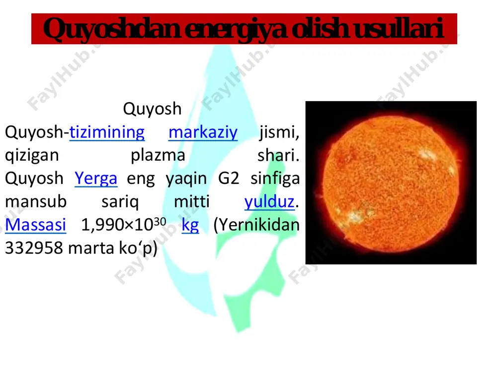 molchilarga o‘rtacha 17-19 sentdan sotilgan o‘zbekistonda esa vaziyat boshqacha. hukumatimiz “yashil” energetika tarmog‘iga sarmoya kiritayotgan kompaniyalarga kerakli hajmda yer maydoni va infratuzilmadan foydalanish huquqini taqdim etyapti. investor foto yoki shamol elektr stansiyasini qurib, ishga tushiradi. davlat u bilan 20 yilga shartnoma tuzib, 1 kvt elektr energiyaning narxini 2 sent qilib belgilanmoqda. https://davr24.uz/archives/7921 quyosh elektr tizimlari off-grid on-grid hybrid system components solar panel controller batteries inverter system components solar panel controller inverter energy meter system components solar panel controller inverter batteries wind turbine generator xulosa xulosa qilib aytganda quyosh panellari umuman olganda qayta tiklanadigan energiya manbalari ajoyib tezlik bilan rivojlanmoqda. umid qilamizki, ushbu ma’lumotlar yordamida siz quyosh panellari turlari, afzalliklari haqida ko’proq ma’lumotga ega bo’ldingiz. foydalanilgan adabiyotlar 1.https://www.renovablesverdes.com 2.http://m.srcyrl.smartnewenergy.com 3.https://qie.uz 4.muydinova madina, qosimjonova hamida “muqobil energiya manbalari” andijon-2022 5. салиханов с. с., шермухамедов у. мостовое полотно железобетонных мостов с использованием нового типа гидроизоляции //путевой навигатор. – 2020. – №. 42. – …