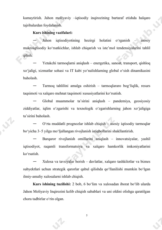 oliyaviy inqirozining kelib chiqish sabablari. 2008 yilga kelib jahonda global iqtisodiy tanglikning bir qator omillari yuzaga kelmoqda. dastlab yoqilg‘i-energetika krizisi, so‘ng jahondagi oziq-ovqat tanqisligi muammosi, ularning natijasida esa global inflyasiyaning vujudga kelishi, hozirda moliyaviy inqiroz avj olgan va ishsizlik muammolari yuzaga kelgan davr. o‘z navbatida esa global iqtisodiy retsessiya davri kuzatilmoqda. jahon moliya inqirozining kelib chiqishini taxlil qilishdan oldin inqiroz, iqtisodiy inqiroz, moliyaviy inqiroz, retsessiya tushunchalariga to‘xtalib o‘tmoqchimiz. inqiroz – kutilmagan darajada jamiyatning barcha jabhalariga zarar keltiradigan va yangicha faoliyat yuritishga undaydigan siyosiy, ijtimoiy, iqtisodiy voqyelikdir. iqtisodiy inqiroz – bu iqtisodyotning davriy tebranishlaridagi o‘zgarish bo‘lib, ular tovar va hizmatlarga bo‘lgan yalpi talab va yalpi taklif o‘rtasidagi nomutanosiblik, makroiqtisodiy muvozanatning buzilishi oqibatida vujudga keladi. moliyaviy inqiroz – bu moliyaviy nobarqarorlilik davri bo‘lib, uning davomida ijtimoiy keskinlik, siyosiy risklar rivojlanishi, iqtisodiy pasayish va vaqtinchalik inqiroziy hodisalar ustidan nazoratni yo‘qotilishi yuzaga keladi. shu bilan bir vaqtda jamiyatning kelajakdagi ijtimoiy-iqtisodiy va siyosiy rivojlanishiga asos …