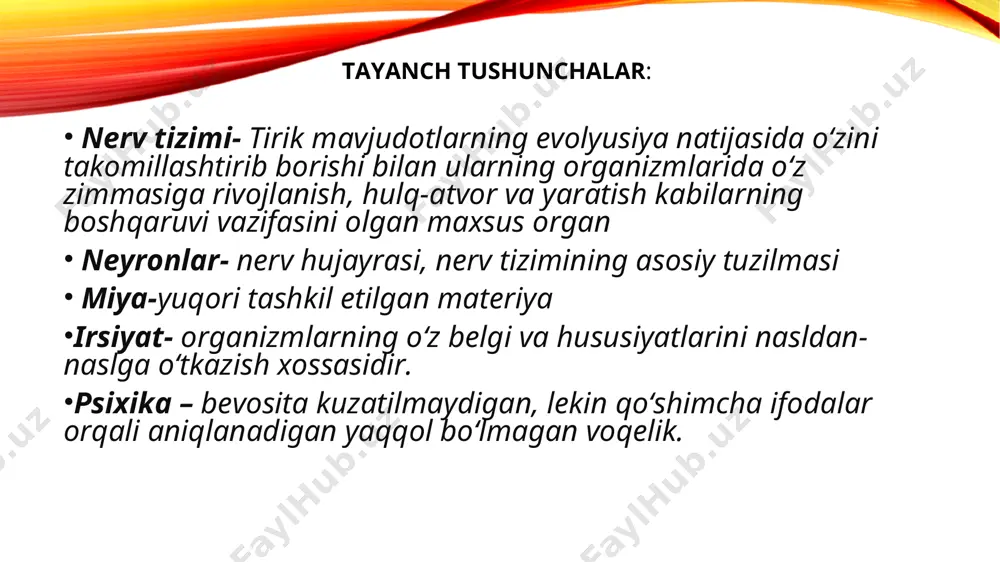 k rivojlanishiga emas, balki ularning psixologik, hamda, hulq-atvor rivojlanishiga ham qo‘llanilishi mumkinligini isbotladi. foydalanilgan adabiyotlar. «rivojlanish» va «psixika rivojlanishi» nimani anglatadi? psixika rivojlanishining asosiy bosqichlaridan qaysilarini bilasiz? «ta’sirchanlik», «sezgilar», «hissiyot» larga qanday ta’rif berish mumkin? hulq-atvor haqida tashqi muhit sharoitlariga moslashishning shakli sifatida ma’lumot bering.
