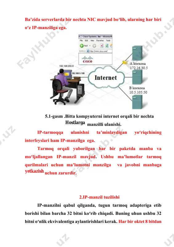 0, 00000000 boʻlsa, u holda sakkizlik qiymat 0 ga teng. agar barcha 8 bitlar 1, 11111111 boʻlsa, sakkizlik qiymat 255 ga teng (128 + 64 + 32 + 16 + 8 + 4 + 2 + 1). agar 8 bit qiymatlari boshqacha boʻlsa, masalan 00100111, sakkizlik qiymati 39 (32 + 4 + 2 + 1). har bir ip-manzil ikki qismdan iborat. tugunlar tarmoq qismi qayerda va tugun manzili qayerda ekanligini qanday aniqlaydi? buning uchun subnet maskasi ishlatiladi. ip-ni sozlashda hostga nafaqat ip-manzil, balki subnet maskasi ham beriladi. ip-manzil singari, niqob 32 bit. ip-manzilning qaysi qismi tarmoqqa, qaysi qismi hostga tegishli ekanligini aniqlaydi. niqob ip-manzil bilan chapdan oʻngga bit-bit bilan taqqoslanadi. ichki tarmoq maskasida, ular tarmoq qismiga, nollar esa host manziliga toʻgʻri keladi. koʻrsatilgan misolda dastlabki uchta oktet tarmoq manzili, keyingisi esa host manzili. paketni yuborishda host subnet maskasini oʻzining ip-manzili va boradigan manzili bilan taqqoslaydi. agar tarmoq qismining bitlari mos …