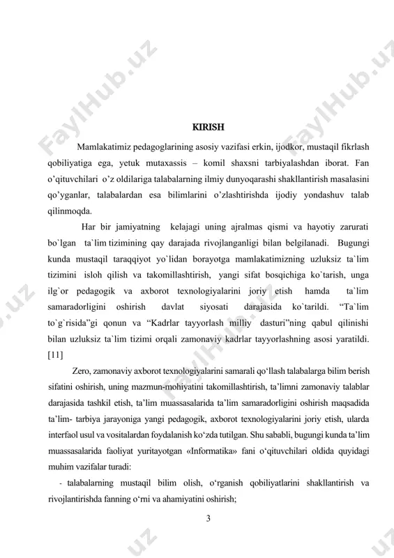 i oshirib borish lozim. o‘qish jarayonida kompyuter texnologiyalari va axborot-kommunikatsiya vositalaridan foydalangan holda ta’lim jarayonini tashkil qilish ta’lim samaradorligiga ijobiy ta’sir ko‘rsatadi. ishning dolzarbligi. «informatika» fanini o‘qitish samaradorligini oshirish o‘quv mashg‘ulotlarini tashkil etish hamda o‘tkazishda pedagogik va axborot texnologiyalaridan keng foydalanish, o‘qitish mazmuniga mos dasturiy ta’minotini ishlab chiqish, ularni о`quv jarayoniga joriy etish asosiy vazifalardan hisoblanadi. ushbu vazifalarni dolzarbligini e’tiborga olgan holda «informatika» fanini o‘qitishda grafik organayzerlardan foydalanish holatini o‘rganish, tahlil etish, ulardan samarali foydalanish metodikasini, mos uslubiy tavsiyalarni ishlab chiqish zarur. f.zokirova , d.ro’ziyeva kabi olimlar tomonidan o‘qitish jarayonida pedagogik va axborot texnologiyalaridan foydalanish ta’limiy imkoniyatlari o‘rganilgan.[16,18] lekin informatikani o’qitishda grafik organayzerlardan foydalanishni uzluksiz ta’lim tizimining barcha bo’g’nlarida qo’llash borasidagi ilmiy tadqiqotlar yetarlicha o’rganilmagan. hozirgi kunda o’qitishda grafik organayzerlardan foydalanish uning mazmun mohiyatini bilish muhimdir. uning ta’limda qo’llanilishi esa o’quv jarayonini samaradorligini oshirish yo’llaridan biri bo’lib hisoblanadi. shu jihatdan olganda ishning muammosi dolzarb hisoblanadi. ishning obyekti. o’quv yurtlarida informatikani …