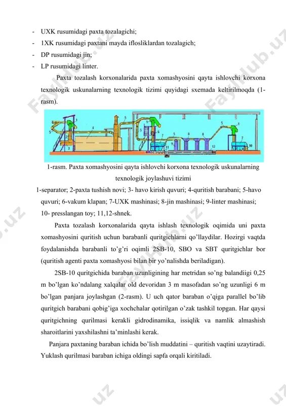 xemasi 1- baraban; 2- kuraklar; 3- oldingi tayanch; 4- ta’minlagich; 5- orqa tayanch; 6- quritish agenti quvuri; 7- oldingi sapfa; 8- so’rish quvuri; 9- chiqarish tarnovi; 10- chiqarish kuraklari; 11- spitsalar; 12- podshipnik; 13- barabanni harakatlantiruvchi elektrodvigatel; 14- reduktor. sbo quritish barabani uzunligi 3 m bo’lgan kamera bilan yopilgan, qalinligi 2 mm bo’lgan po’latdan yasalib, paxta barabandan chiqadigan joydan 1 m masofa ichkarida joylashgan tozalash bo’limiga ega (3-rasm). ajratilgan mayda iflosliklarni olib ketish uchun baraban tozalash bo’limi tagida ifloslik konveyeri o’rnatilgan. tozalash bo’limining ustki qismida barabanni tozalash uchun quritish agenti yuboriladigan soploli quvur o’rnatilgan. quritish kamerasi, baraban tozalash bo’limi to’rli sirtini tozalash uchun metall cho’tka bilan ta’minlangan. quritgich ichida balandiigi 0,5 m dan bo’lgan 12 ta radius bo’yicha yo’naltirilgan kurakchalar bor. 3. rasm. sbo quritgich sxemasi 1,2- ta’minlagich; 3-sapfa; 4- baraban; 5- roliklar; 6- kuraklar; 7- to’rli yuza; 8- qobiq; 9- quvur; 10- soplo; 11- metall cho’tka; 12- bunker; 13- …