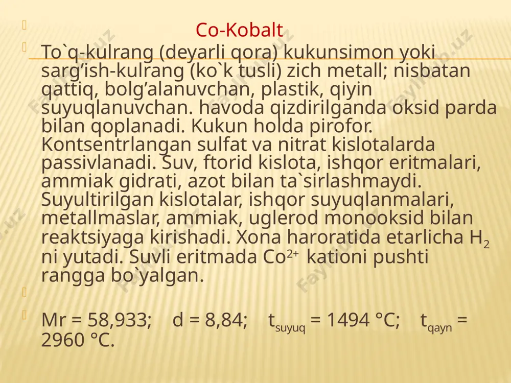 yangi cho`ktirilgani). kobalt (ii) tuzlarining eritmasida uzoq turganda pushti-qizilga bo`yaladi. nam holda havodan o2 va so2 ni yutadi. suvda erimaydi. organik muhitda ko`k gidrati co(oh)2 *0,67h 2o cho`kadi. amfoterlik xossalarni namoyon etadi (asos xossalari ustunroq); suyultirilgan kislotalar, kontsentrlangan ishqorlar bilan reaktsiyaga kirishadi. ammiak tasirida eritmaga o`tadi. qaytaruvchi. mr = 92,95; d = 3,597; pэk25 = 14,80. olinishi: coso4(suyul) + 2naoh(10% li) = co(oh)2 + na2so4 {co(nh3)6}cl2 +2naoh(suyult) + 6h2o =co(oh)2 +2 nacl +6 (nh3*h2o) xossalari: 1. co(oh)2 = coo + h 2o (168 - 170 °c, vak.). 2. co(oh)2 + 2hcl(suyul) = cocl2 + 2h 2o. 3. co(oh)2 + cocl2(suyul) = cocl(oh) (yashil), co(oh)2 + cocl2(10% li) = co 2cl(oh)3 (pushti). 4. co(oh)2 + 2naoh(50%-li) na 2[co(oh)4](binafsha). 5. co(oh)2 + 6(nh3 *h 2o)[konts.] = [co(nh3) 6](oh)2(sariq) + 6h 2o. 6. 4co(oh)2+ o2 = 4coo(oh) + 2h2o (100 °c, p). 7. 2co(oh)2(nam) + co2= co 2co 3(oh)2+ h 2o. 8. 2co(oh)2 …
