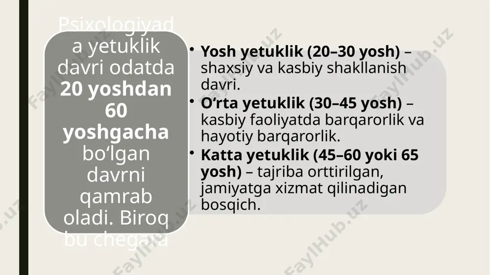 kuzatiladi: 30 yosh inqirozi – “men nimaga erishdim?”, “men to‘g‘ri yo‘ldamanmi?” degan savollar. 40 yosh inqirozi – hayotdan norozi bo‘lish, faoliyatdan charchash, o‘zgarishlarga ehtiyoj. o‘rta yosh inqirozi – qayta baholash, maqsadlarni o‘zgartirish, qoniqmaslik holatlari. bu inqirozlar inson psixikasiga kuchli ta’sir o‘tkazadi. agar ular ongli ravishda yengib o‘tilsa, shaxs psixologik jihatdan yanada barqaror, kuchli, dono shaxsga aylanadi. biologik yetuklik tushunchasi biologik yetuklik — bu organizmning fiziologik jihatdan to‘liq shakllanishi, tananing to‘liq rivojlanishi va funksional jihatdan barqarorlikka erishgan bosqichidir. bu bosqichda: insonning bo‘yi, vazni, tana proporsiyasi barqarorlashadi. jinsiy yetilish tugaydi. gormonal tizim barqarorlashadi. organlar tizimi (yurak-qon tomir, asab, ovqat hazm qilish va b.) optimal ishlaydi psixologik yetuklik psixologik yetuklik tushunchasi psixologik yetuklik – bu shaxsning ruhiy holati, emotsional barqarorligi, tafakkur darajasi va o‘zini ongli ravishda boshqara olish salohiyatining yuksak pog‘onasi hisoblanadi. boshqacha aytganda, bu – shaxsning o‘z “men”ini anglash, o‘z his-tuyg‘ularini boshqarish, muammolarga yechim topish, maqsadli hayot kechirish darajasidir. psixologik yetuklikning asosiy …