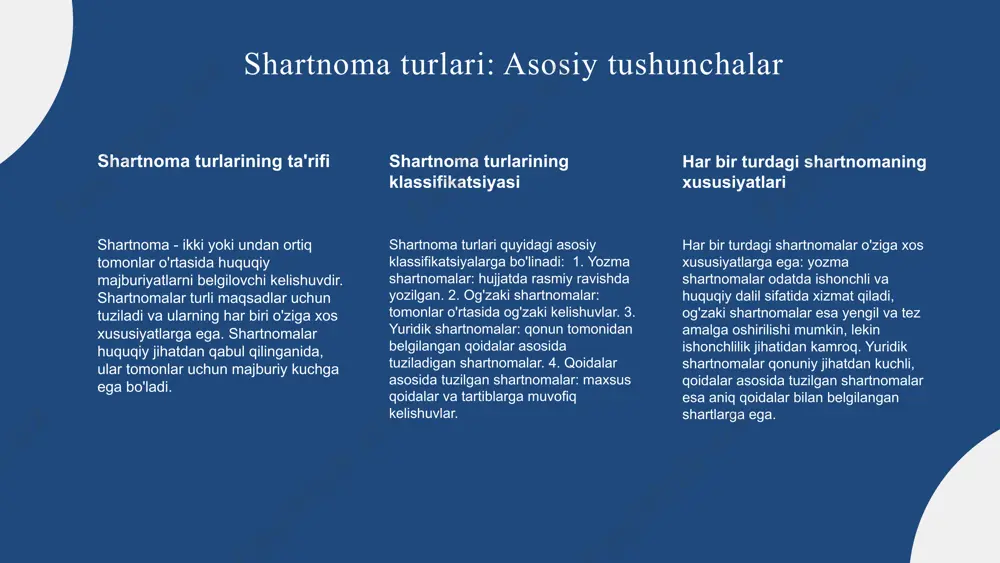 inlaydi. ijro mexanizmlari ijro mexanizmlarining asosiy tushunchalari shartnoma tuzilishi va uning ijrosi jarayonida muhim rol o'ynaydi. bu mexanizmlar shartnomalarning to'g'ri bajarilishini ta'minlaydi. ijro mexanizmlarining turlari: majburiyatlarning bajarilishi, ijro jarayonlarini nazorat qilish va ularning funksiyalari haqida ma'lumotlar. amaliy misollar: shartnomalarning ijrosi va ularning muvaffaqiyatli bajarilishi uchun zaruriy shartlar. xulosa shartnoma turlari yozma, og'zaki, yuridik va qoidalar asosida klassifikatsiyalangan. ularning ahamiyati biznes jarayonlari va qonuniy himoya mexanizmlarini ta'minlashda muhim rol o'ynaydi. shartnoma tuzish jarayonida taklif tayyorlash, muzokaralar va rasmiylashtirish bosqichlari diqqatga sazovor. shartnoma tuzishda o'zaro manfaatlar va qonuniy talablar asosida harakat qilish zarur. xatolarni oldini olish shartnoma samaradorligini oshiradi. shartnoma turlari shartnoma tuzish jarayoni o'zaro manfaatlar va qonuniy talablar asosida amalga oshiriladi. har ikki tomon uchun foydali shartlar belgilanishi muhimdir. muzokaralar jarayoni shartnomani tayyorlashda asosiy qadam hisoblanadi. har bir tomon o'z manfaatlarini himoya qilishga harakat qiladi, bu esa shartnoma samaradorligini ta'minlaydi. tuzish jarayoni shartnomalarning qonuniy kuchi, ularning qonun bilan bog'liq asosiy elementlari …
