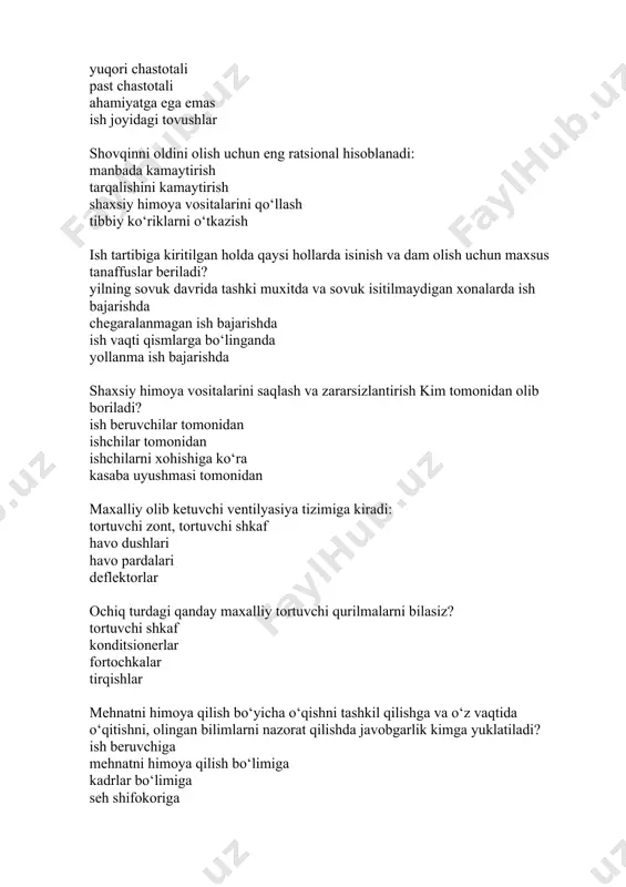 o‘lmasligi kerak, 60-70 sm ishchi uchun qulay bo‘lgan barcha masofani kompyuter markasiga bog‘liq holda lavozimiga bog‘lik holda shaxsiy kompyuterda ishlovchi qaysi kategoriyadagi ishchilar davriy tibbiy ko‘rikdan o‘tadilar? 50% ish vaqti shaxsiy kompyuterda ishlovchi aholi -shaxsiy kompyuterni ta'mirlovchi ishchilar shaxsiy kompyuterda ishlovchi aholi xakerlar egallagan lavozimiga qarab shovqin, deb nimaga aytiladi? а.tovushlarning xaotik tarqalishi в.har xil intinsivdagi, biridan ikkinchisiga o‘tadigan tovushlar с.tovushlarning garmonik tarqalishi д.ishlab chiqarishda uchraydigan disgarmonik tovushlar ishlab chiqarishda shovqinni me'yorlash: 8 oktavali to‘lqin uzunligidagi tovush darajasining bosimiga ko‘ra tovushning umumiy darajasiga ko‘ra tovushning balandligiga ko‘ra 6 oktavali to‘lqin uzunligidagi tovush darajasining bosimiga ko‘ra shovqinga qarshi shhv lardan foydalaniladi: antifon, shlemofon, berushi respiratorlar laringofonlar maskalar kasbdan zaharlanish deb,: ishlab chiqarishda ishlab chiqarish jarayonidagi zaharlanish natijasida yuzaga keladigan kasallanish ishlab chiqarishda yuzaga keladigan barcha kasalliklar ish kunining kechki vaqtida yuzaga keladigan kasallik yangi ishga kelganlarda kuzatiladi tbm nima? taxminiy bezarar mikdor moddaning umumiy xavfsizlik darajasi nisbiy bezarar miqdor ta'siri vibrometrni …