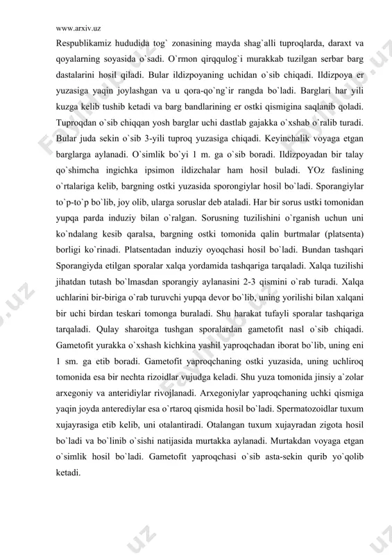 proqchaning ostki yuzasida, uning uchliroq tomonida esa bir nechta rizoidlar vujudga keladi. shu yuza tomonida jinsiy a`zolar arxegoniy va anteridiylar rivojlanadi. arxegoniylar yaproqchaning uchki qismiga yaqin joyda anterediylar esa o`rtaroq qismida hosil bo`ladi. spermatozoidlar tuxum xujayrasiga etib kelib, uni otalantiradi. otalangan tuxum xujayradan zigota hosil bo`ladi va bo`linib o`sishi natijasida murtakka aylanadi. murtakdan voyaga etgan o`simlik hosil bo`ladi. gametofit yaproqchasi o`sib asta-sekin qurib yo`qolib ketadi. 2. marsiliyakabilar sinfchasi. sinfcha 1 ta marsiliyanamolar (marsileales) qabilasini, u bitta marsiliyadoshlar (marsilaceae) oilasidan iborat. oila 3 ta turkumni o`z ichiga oladi. shulardan marsiliya turkumi 60 dan ortiq turni birlashtiradi. bu oilaga vakil sifatida to`rt bargli marsiliya (marsilia qvadrifolia) hisoblanadi. bu o`simlik o`zbekiston sharoitida botqoqliklarda, sholipoyalarda uchraydi. poyasi sudralib o`sadi. poyaning ostki tomonidan ildizlar, ustki tomonidan barglar, o`sib chiqadi. barg bandining poyaga tutashgan qismidan yuqoriroqda sporokarpiylar joylashgan. ularda mikro va megosporalar hosil bo`ladi. 3. salviniyakabilar sinfchasi. bu sinfcha ham 1 ta salviniyanomalar (salviniales) qabilasidan iborat. …