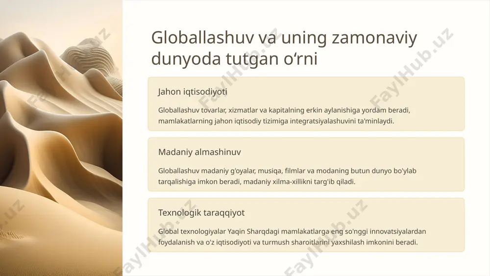 rta sharq iqtisodiyotiga ta'sirini ko'rib chiqaylik. madaniy gomogenizatsiya keling, madaniy homogenlashtirish va uning mintaqa mamlakatlari uchun oqibatlari haqidagi bahslarni muhokama qilaylik. siyosiy muammolar keling, yaqin sharq mamlakatlari globallashuv tufayli qanday siyosiy muammolarga duch kelayotganini ko'rib chiqaylik. 5 yaqin va o'rta sharq mamlakatlarida globallashuv va qiyosiy tadqiqotlar tahlili bir mamlakat globallashuv qiyosiy tadqiqotlar saudiya arabistoni neft va sarmoyaga bog'liqlik siyosiy tizim va ijtimoiy jihatlar isroil yuqori texnologiyali sektor va eksport falastin mojarosi va iqtisodiyoti turkiya turizm va to'qimachilik sanoati laiklik va islom individualizmi 6 yaqin va o'rta sharq mamlakatlari uchun globallashuvning afzalliklari va kamchiliklari 1 madaniy almashinuv globallashuv yaqin va oʻrta sharq mamlakatlariga jahon hamjamiyati bilan madaniy va ilmiy gʻoyalar almashish imkonini beradi. 2 iqtisodiy qaramlik globallashuv rivojlangan mamlakatlarga iqtisodiy qaramlik va transmilliy korporatsiyalar monopoliyasi xavfini keltirib chiqaradi. 3 texnologik taraqqiyot globallashuv yangi texnologiyalar va innovatsiyalarga kirish imkonini beradi, lekin an'anaviy sanoatni ham ortda qoldirishi mumkin. 7 asosiy xulosalar biz globallashuv …