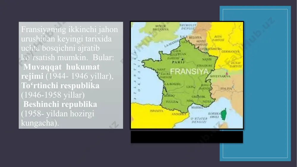 yozgan edi de goll, muvaqqat hukumat islohotlari ayni paytda fransiyada burjuaziyaning konservativ kismi manfaatlarini aks ettiruvchi guruhlar ham faoliyat yuritayot- gan edi. ular qarashlarini 1946 yili tashkil kilingan «ozodlik respublika partiyasi» va o‘z faoliyatini qayta tiklagan radikallar ifoda qilardi. demokratik va antifashist kuchlar madadiga tayangan muvaqqat hukumat qarshilik milliy kengashi (qmk)ning dasturini hayotga tatbik etish bo‘yicha bir qator tadbirlarni amalga oshirdi. davlat apparatini vishi rejimi tarafdorlaridan tozalash boshlani. vishi hukumati rahbarlari peten va laval boshchiligida 2 ming vishichilar o‘lim jazosiga, 40 ming kishi qamoq jazosiga hukm qilindi. laval otib tashlandi, 89 yoshli petenning birinchi jahon urushidagi xizmatlari va keksaligini inobatga olib, o‘lim jazosi umrbod qamoq jazosi bilan almashtirildi. u 1951 yili qamoqda vafot etdi. 1944-1945 yillari 40 soatlik ish haftasi va ikki haftalik pul to‘lanadigan ta’til tiklandi, ijtimoiy sug‘urta to‘g‘risida qonun qabul qilindi. fransuz ijtimoiy sug‘urta tizimi dunyoda eng yaxshilaridan biri edi. mehnatkashlarning moddiy ahvoli yaxshilandi. narx-navoning o‘sishidan ancha ortda …